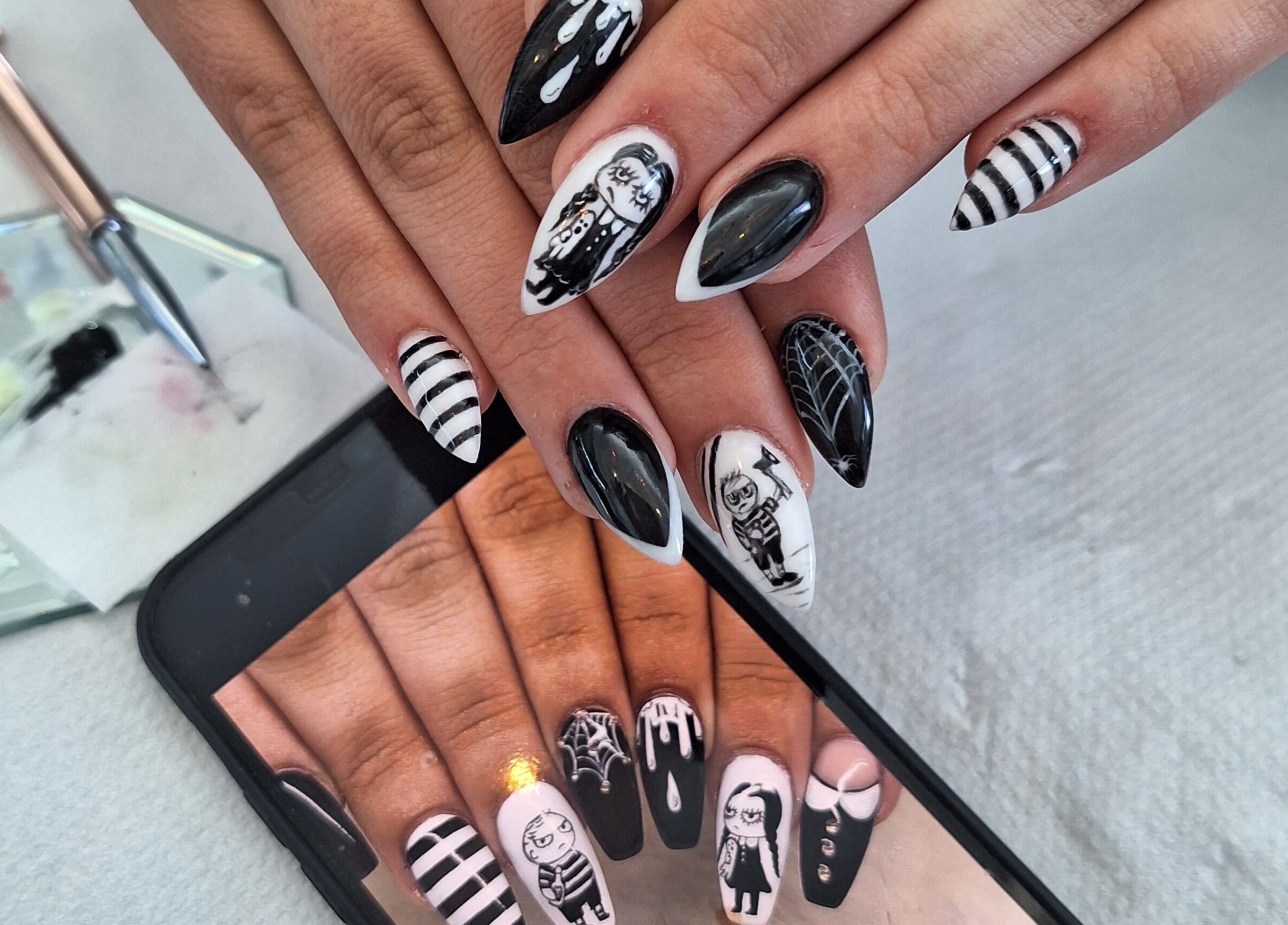 Stylish black and white gothic nail art design at michdylan, Benoni, Gauteng, ZA.