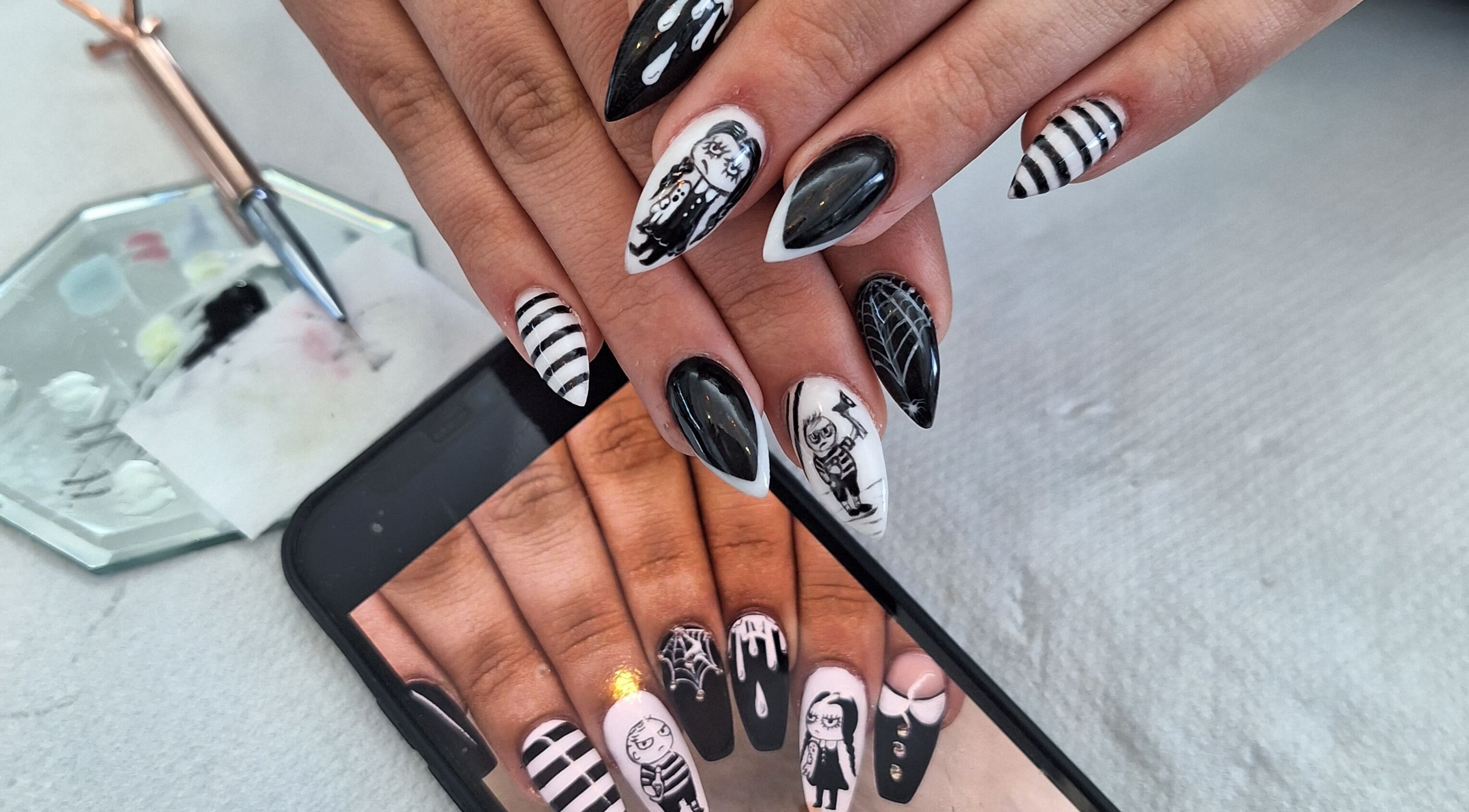 Stylish black and white gothic nail art design at michdylan, Benoni, Gauteng, ZA.