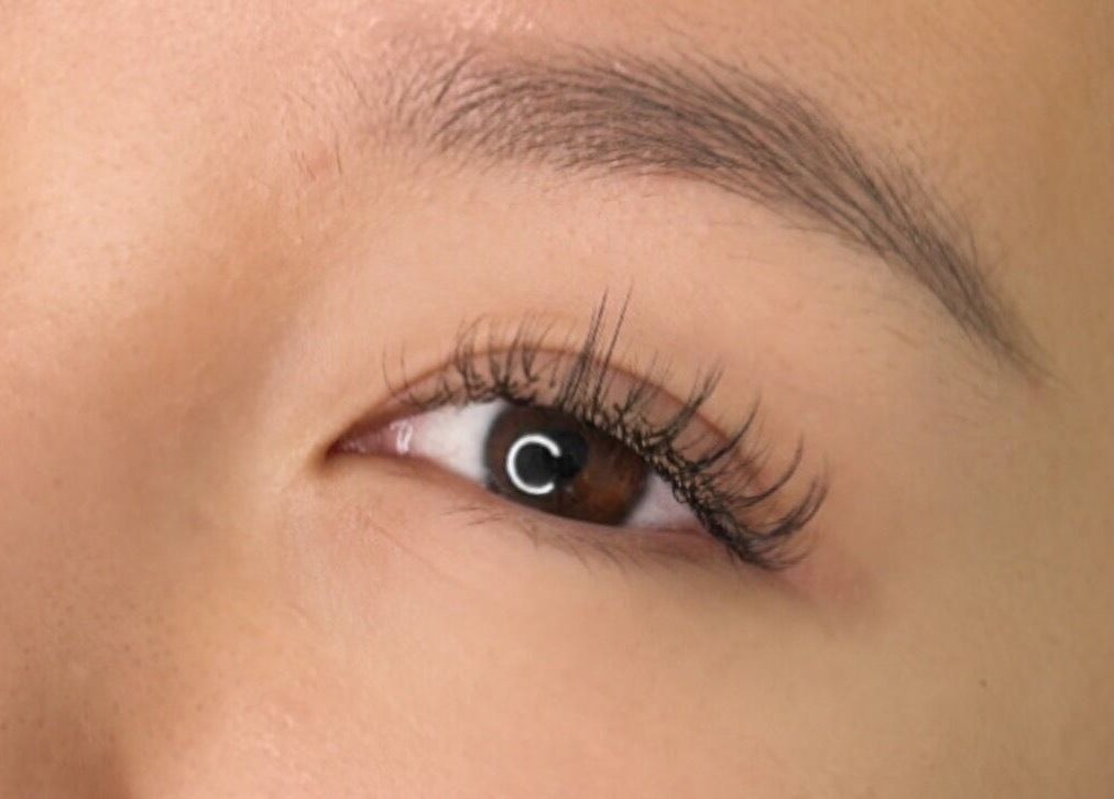 Close-up of enhanced eyelashes at The Glam Lab, Richmond, British Columbia, CA.