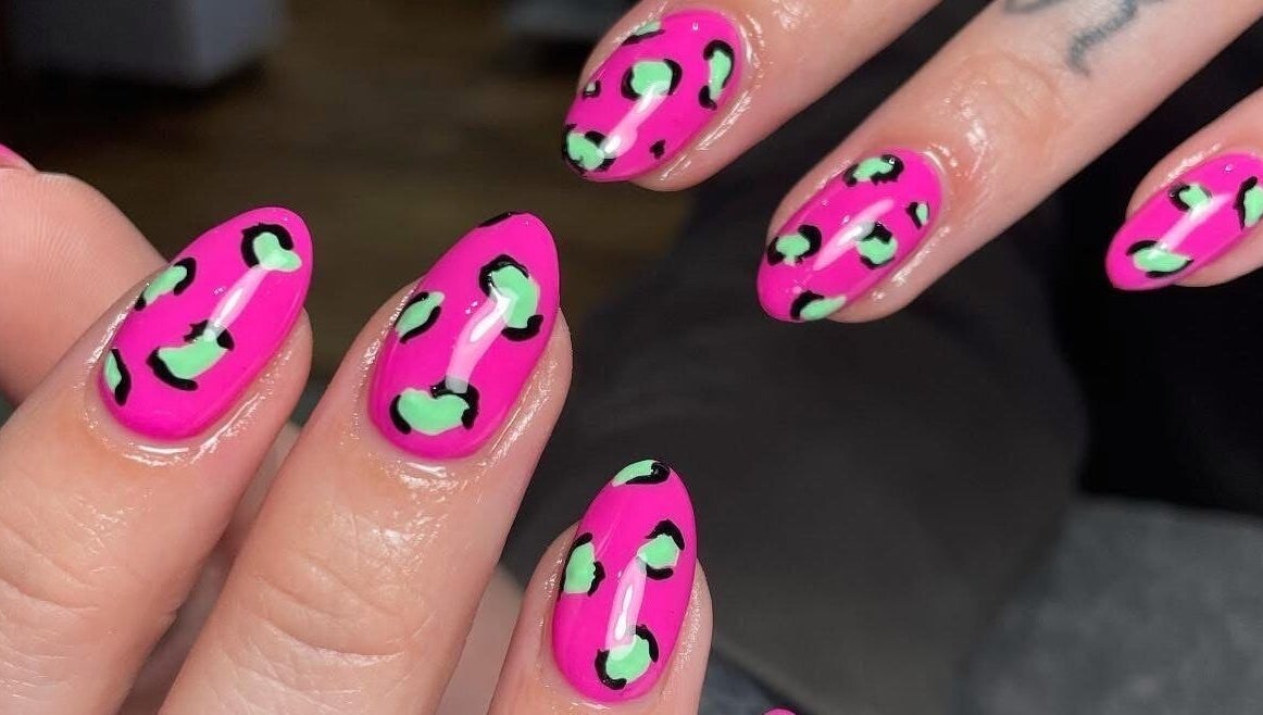 Bright pink nails with leopard print by Jessica Rae MUA in Chester-le-Street, England, GB.