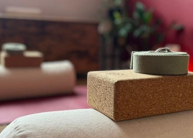 Yoga blocks and strap at The Talking Body Clinic, Glasgow, Scotland, GB, enhancing wellness experience.