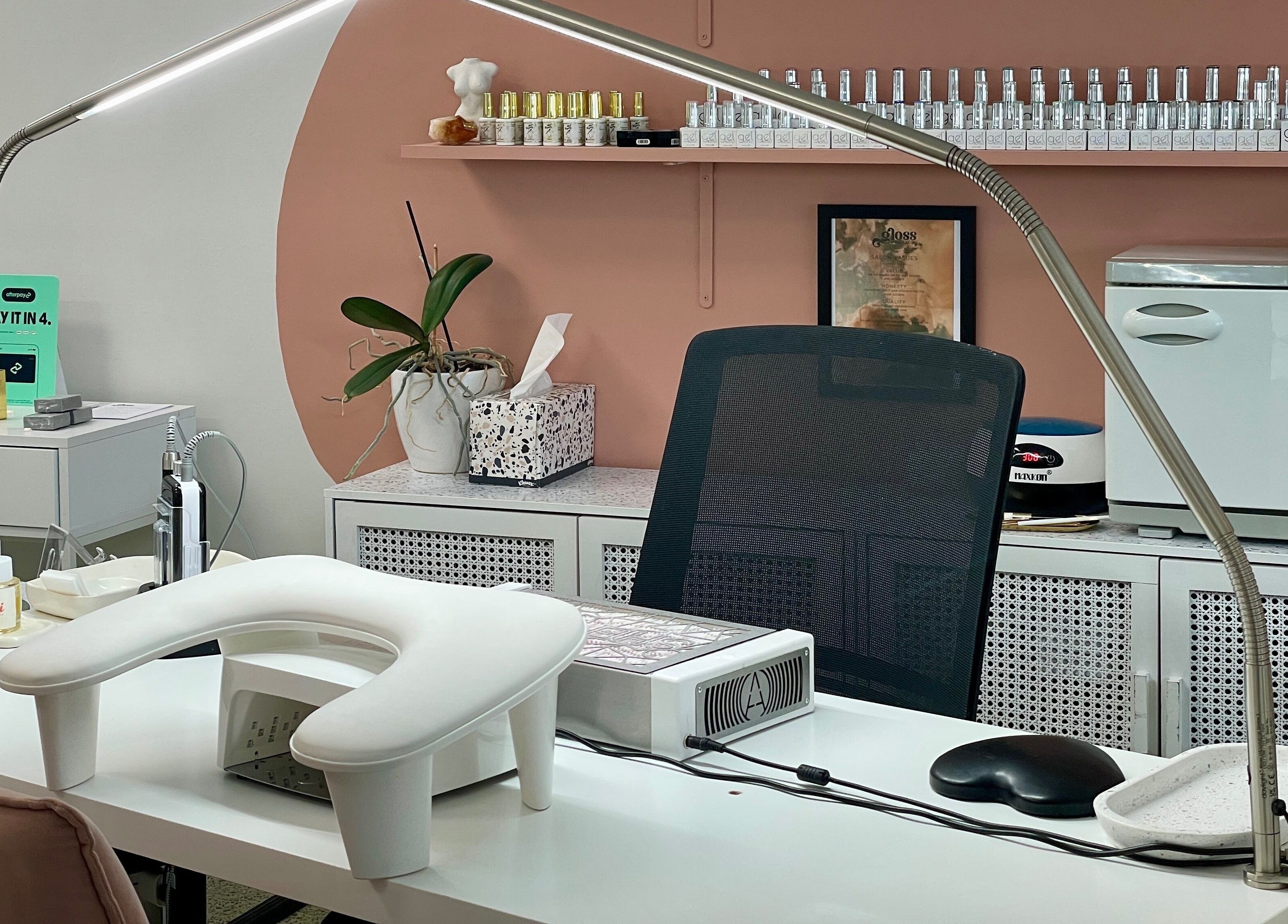 Gloss Salon nail station in Mangawhai, Northland, NZ with modern tools and stylish decor.