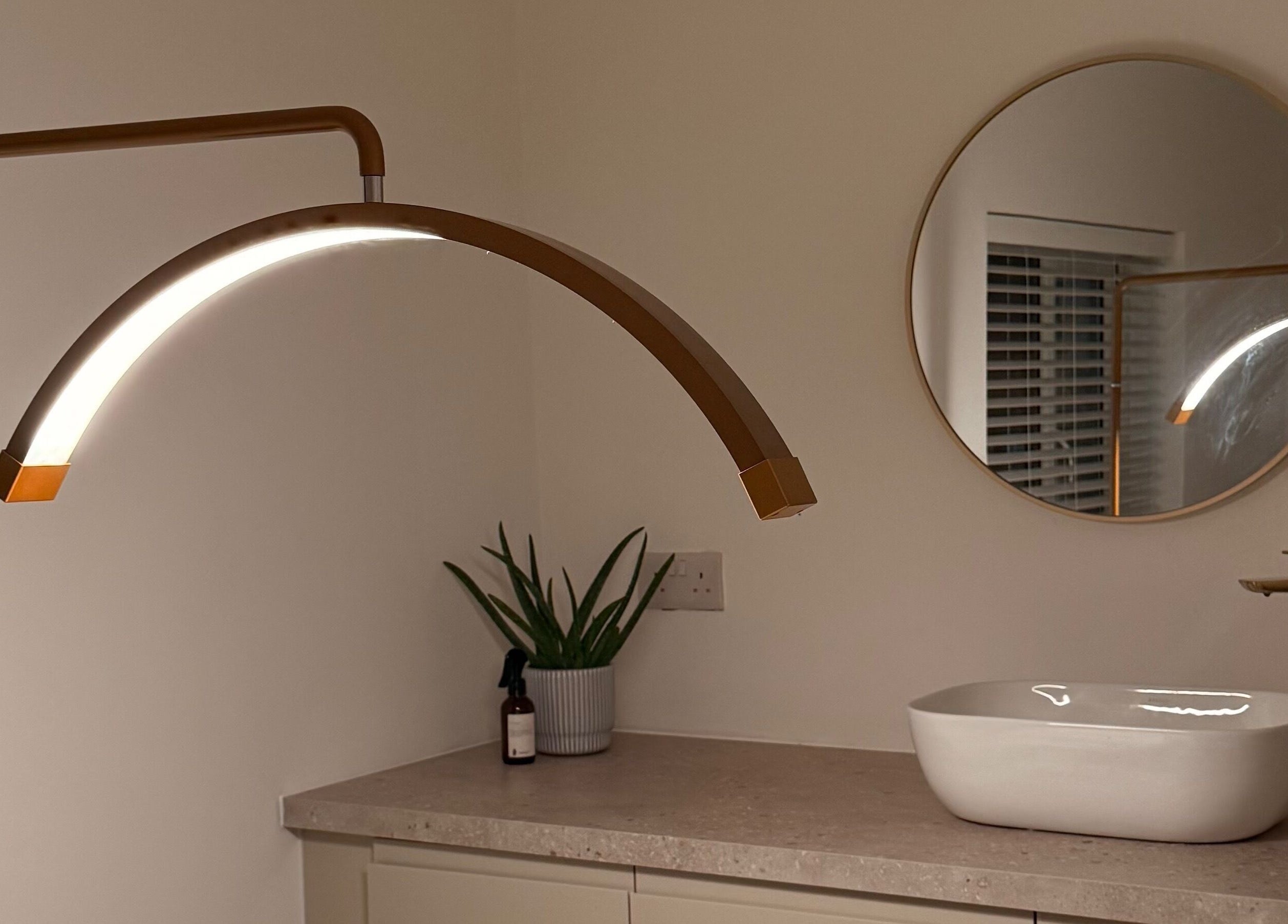 Sophisticated vanity area at Beauty Edit By Leah, Worsley, England, GB with a mirror and modern lighting.