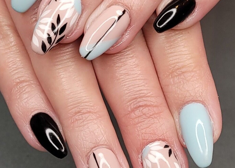 Chic nail art with black and pastel design at Nails by Snow, Pretoria, Gauteng, ZA.