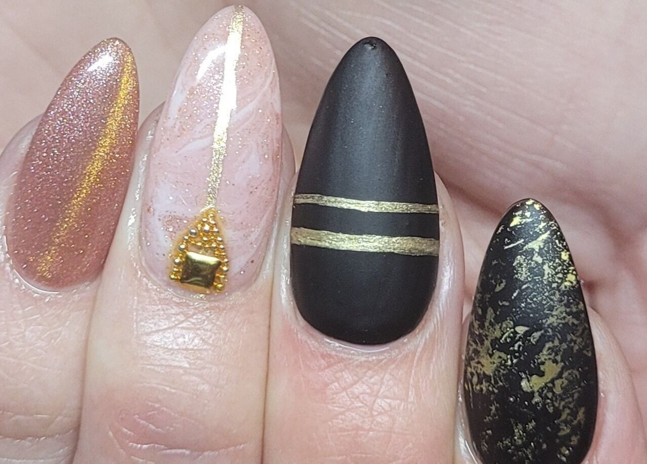 Elegant nail art with gold accents at Nails by Snow, Pretoria, Gauteng, ZA.