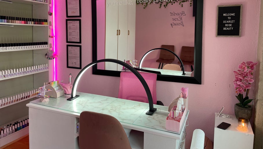 Scarlet Rose Beauty nail station with pink decor, Cape Town, Western Cape, ZA.