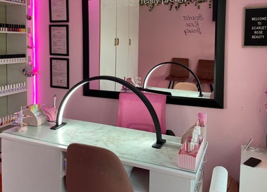 Scarlet Rose Beauty nail station with pink decor, Cape Town, Western Cape, ZA.