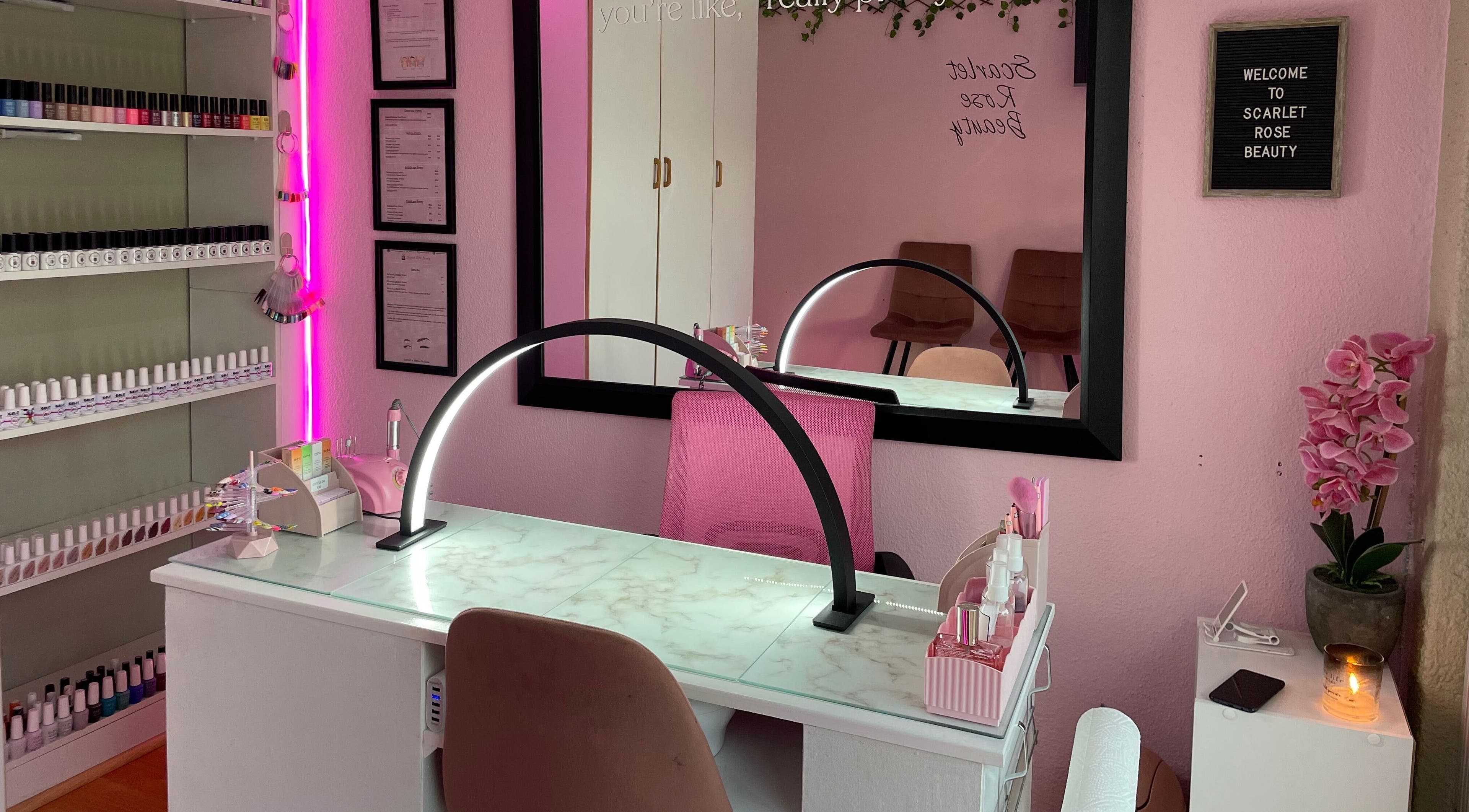 Scarlet Rose Beauty nail station with pink decor, Cape Town, Western Cape, ZA.