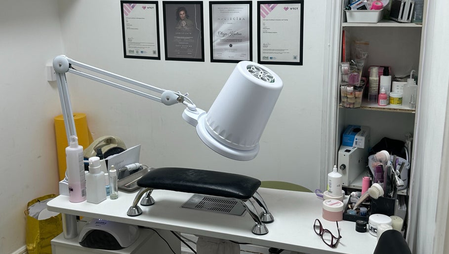 Nail care station at Aleksa Hair and Beauty, Dublin, County Dublin, IE. Neat workspace with tools and certificates.