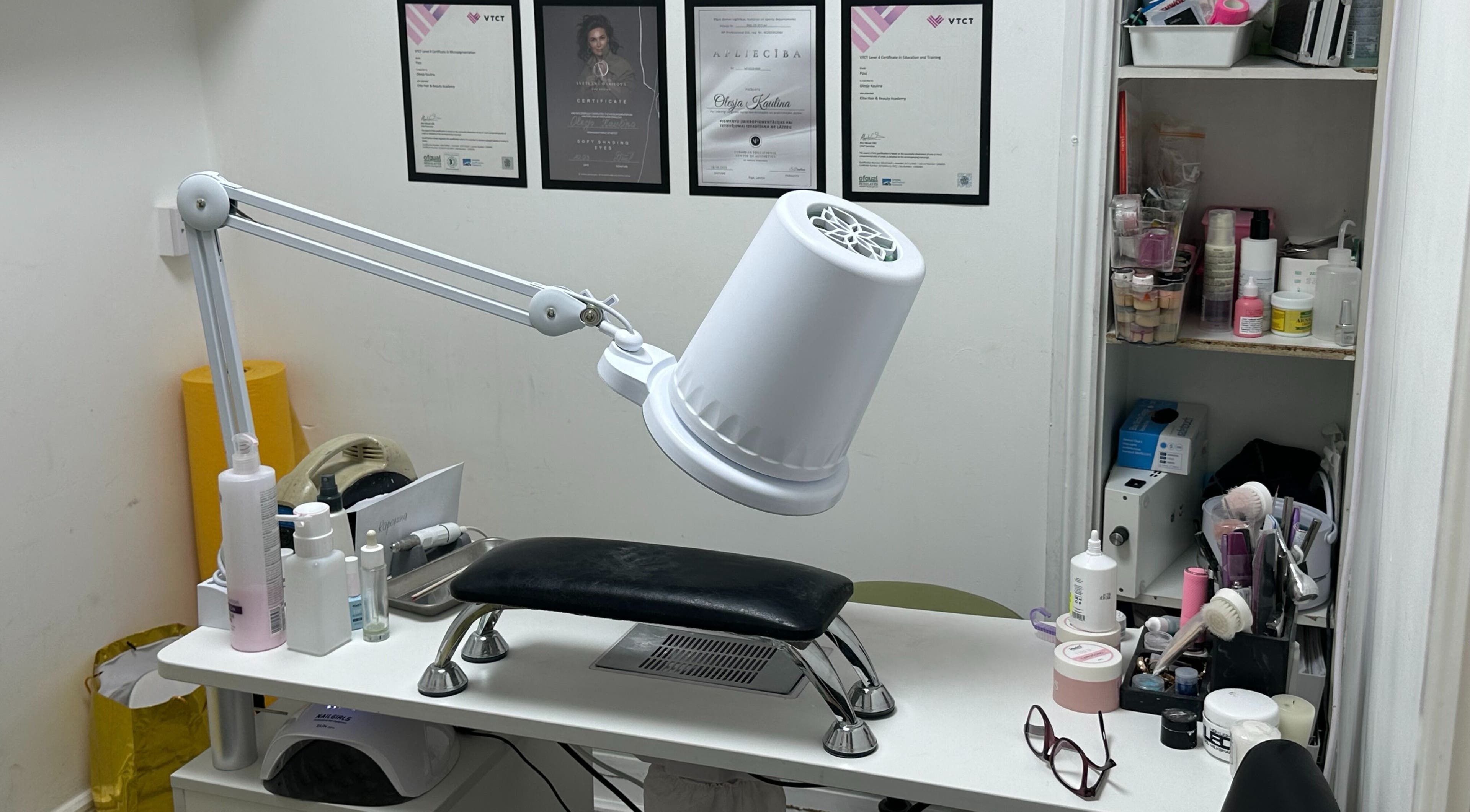 Nail care station at Aleksa Hair and Beauty, Dublin, County Dublin, IE. Neat workspace with tools and certificates.