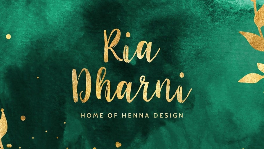 Ria Dharni logo with green background and gold text in Crawley, England, GB displaying henna design essence.