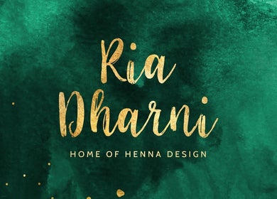 Ria Dharni logo with green background and gold text in Crawley, England, GB displaying henna design essence.
