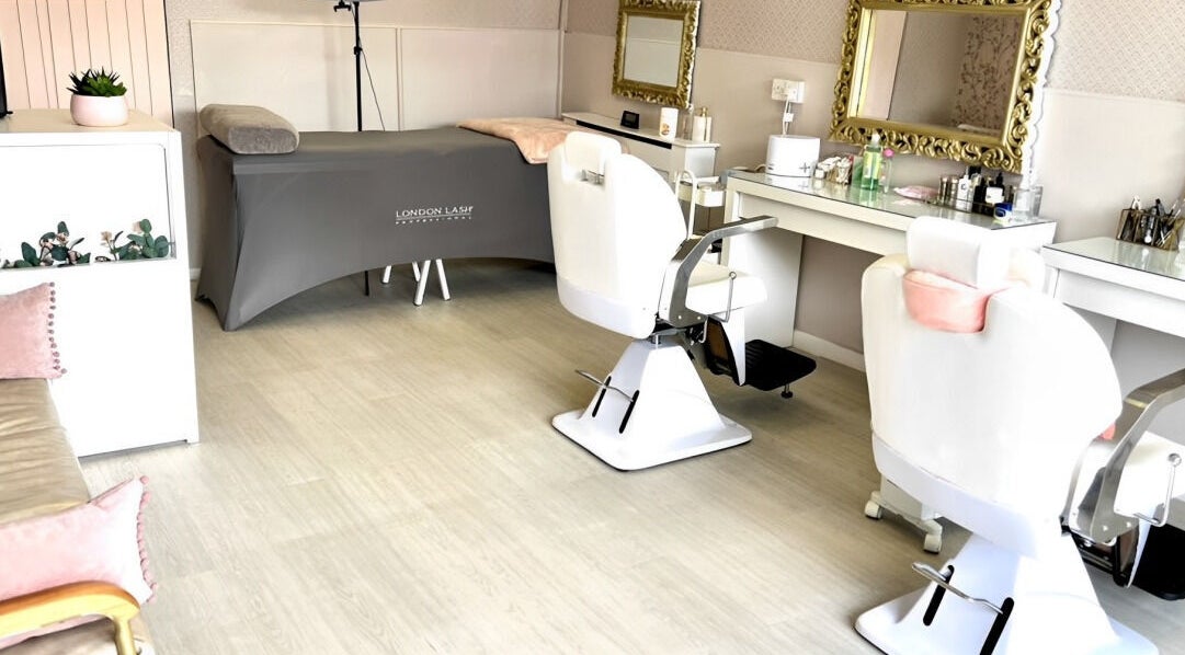 Interior of Sophie Beauty Brow & Lash in Glasgow, Scotland, GB featuring plush salon chairs and mirrors.