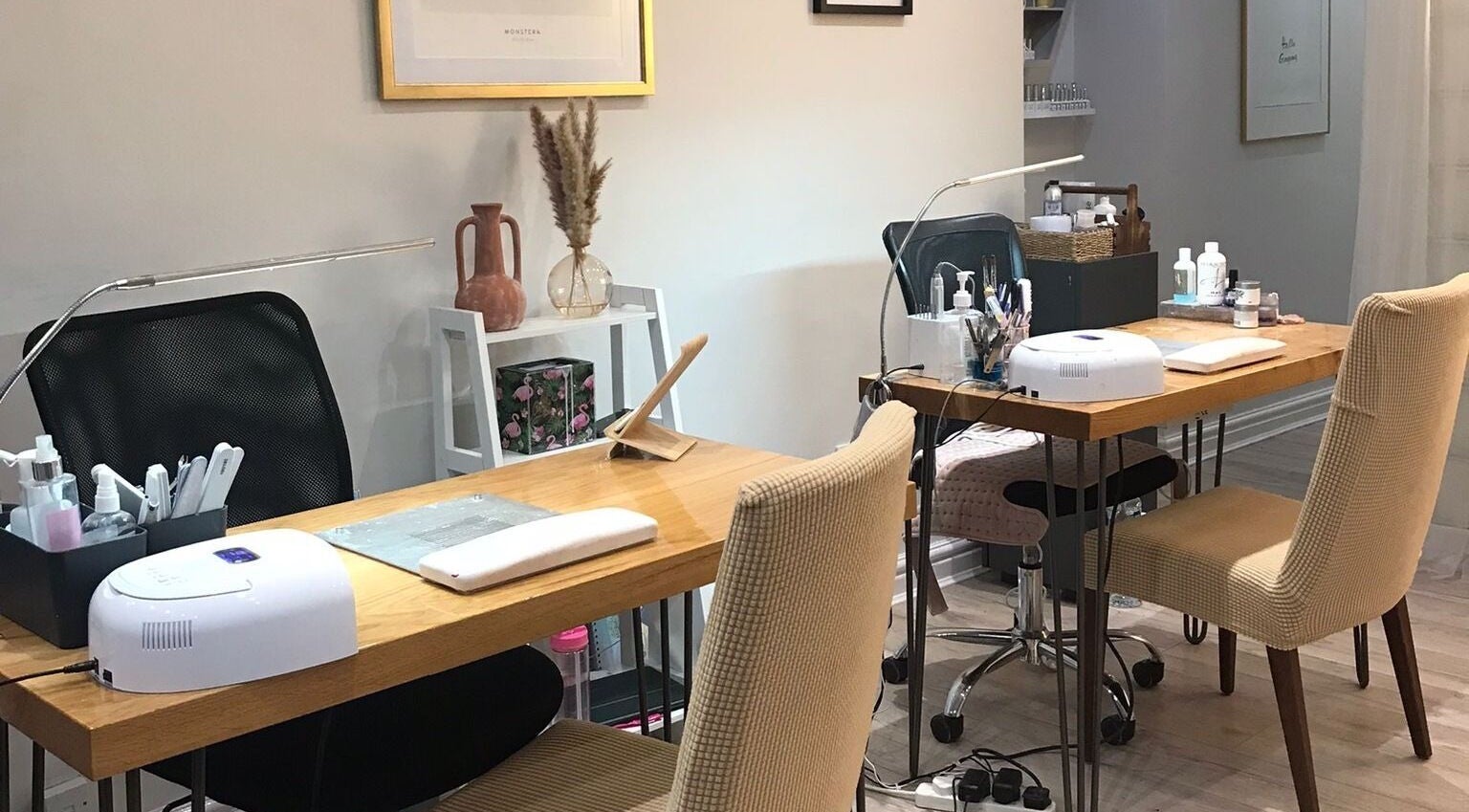 Elegant nail station at Aesthetically Beautiful in Cheadle, England, GB, with manicure tools and cozy seating.