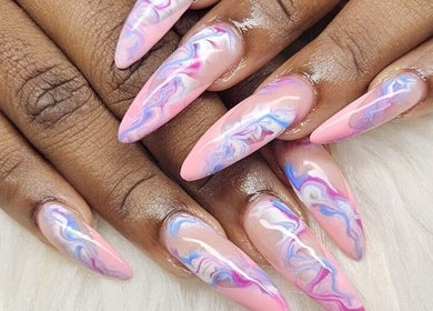 Elegant marble nail art in pink and purple at Jai'sNails, Bridgetown, Saint Michael, BB.