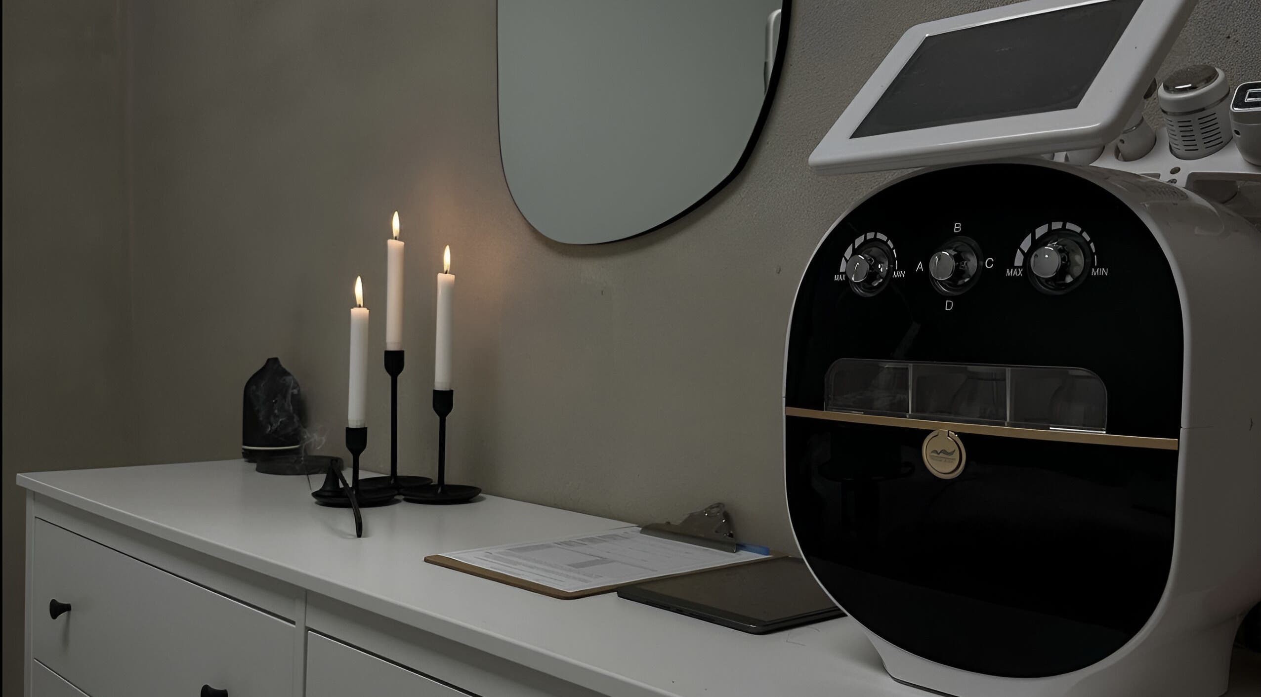 Appareil esthétique moderne à Dermarica, Montréal, Québec, CA, avec bougies et miroir élégants.