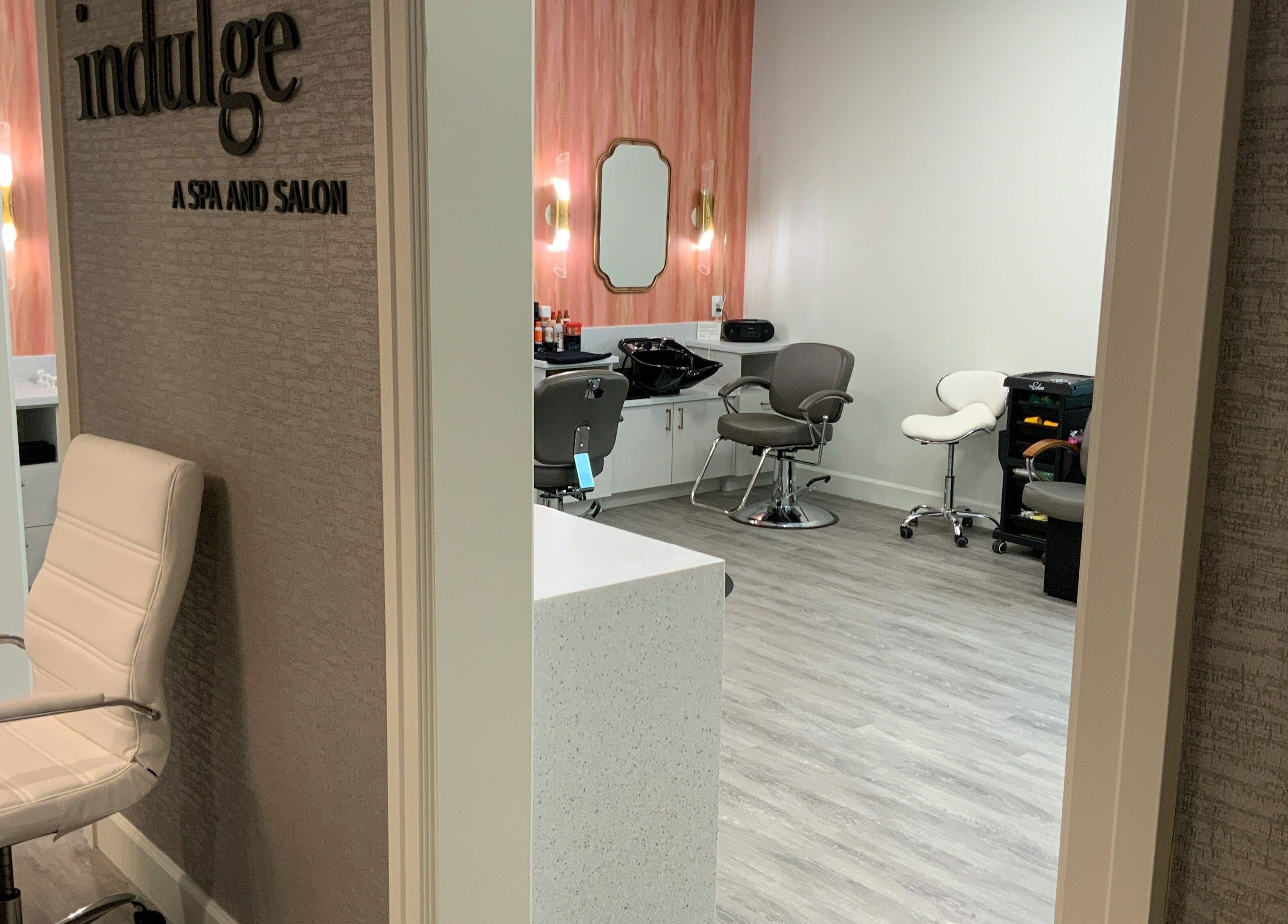 Interior of Indulge at Sky Bridge at Town Center, Upper Marlboro, Maryland, US, showing a chic salon setup.