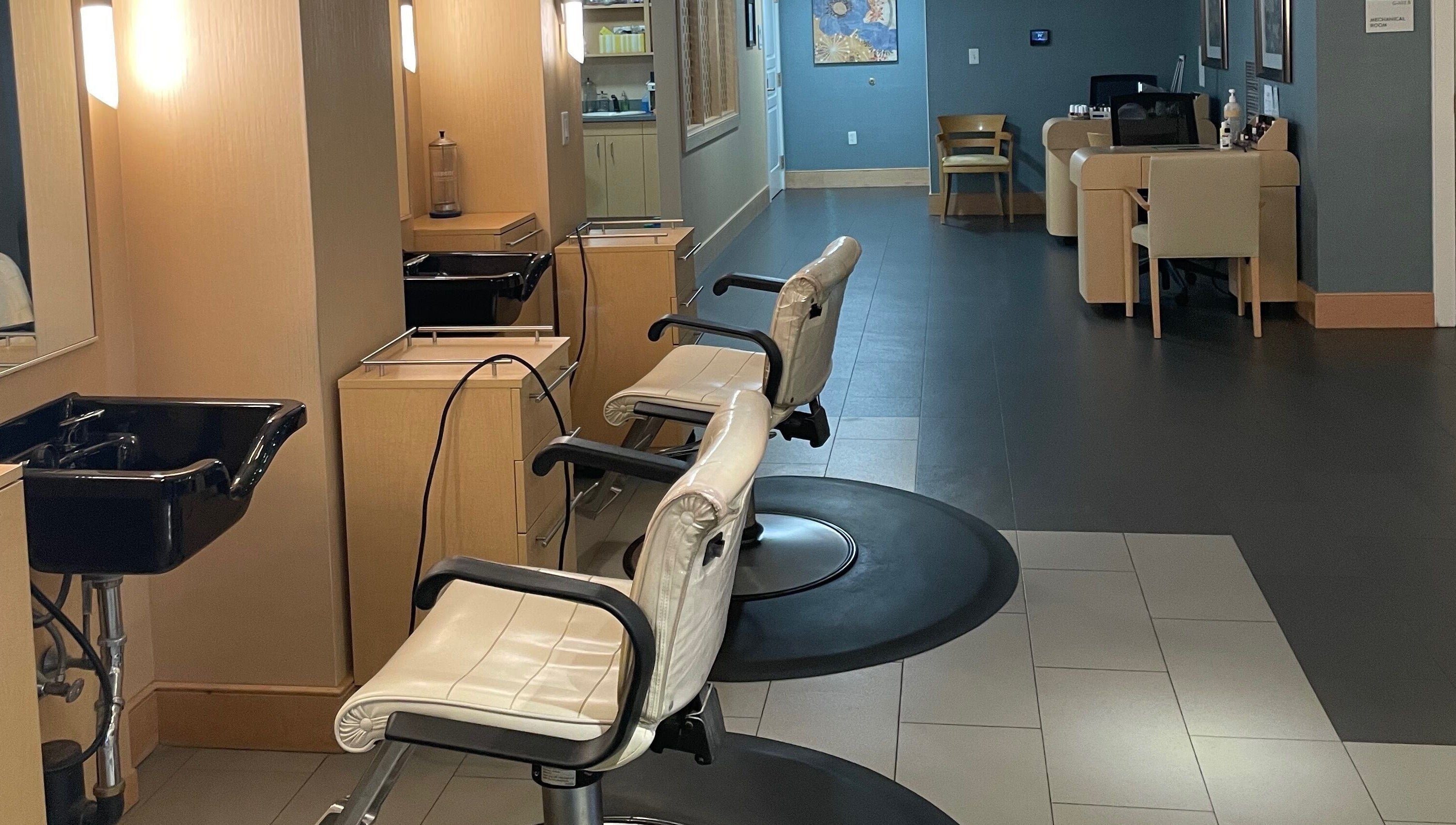 Elegant salon chairs at North Hill Elements Day Spa and Salon, Needham, Massachusetts, US.