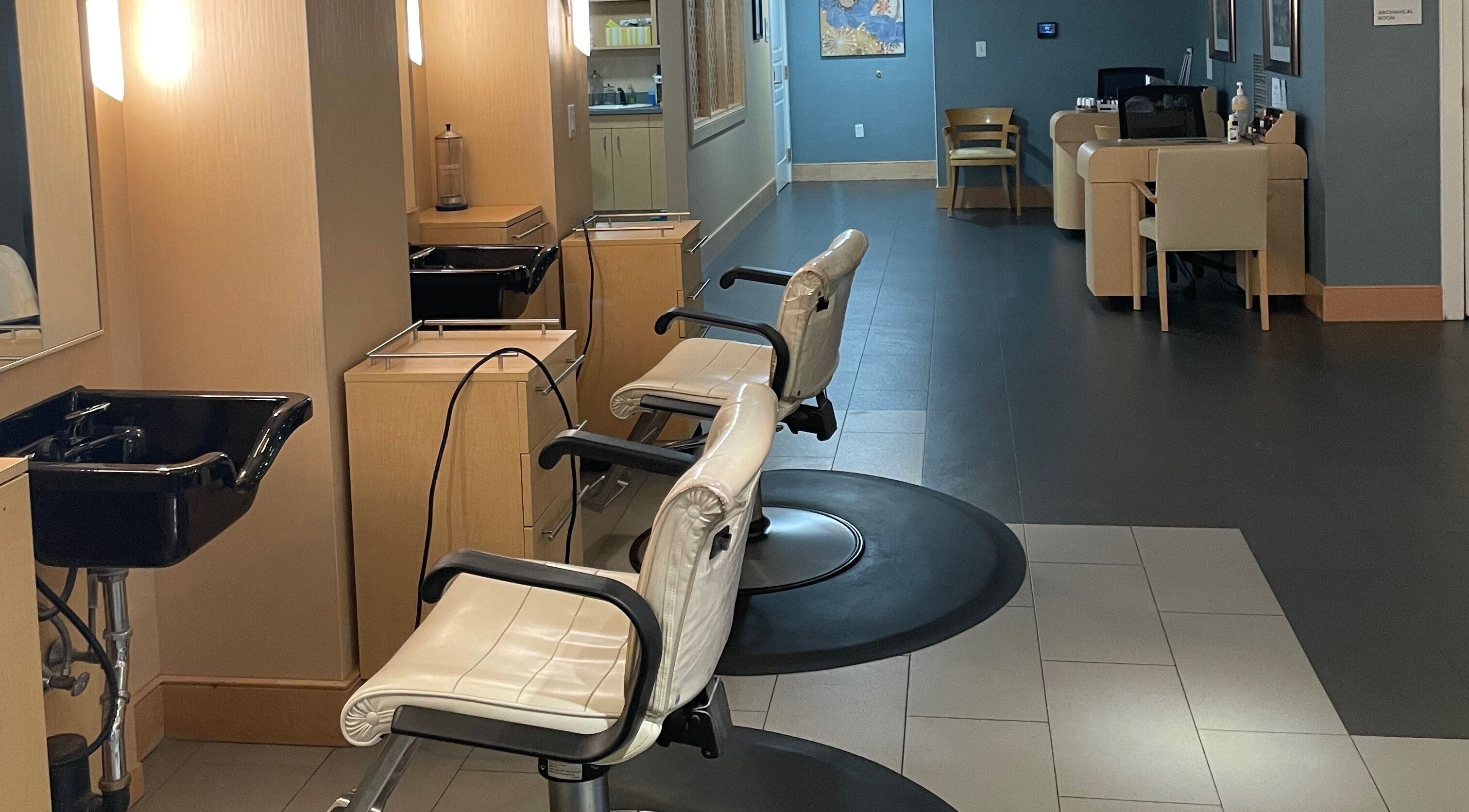 Elegant salon chairs at North Hill Elements Day Spa and Salon, Needham, Massachusetts, US.