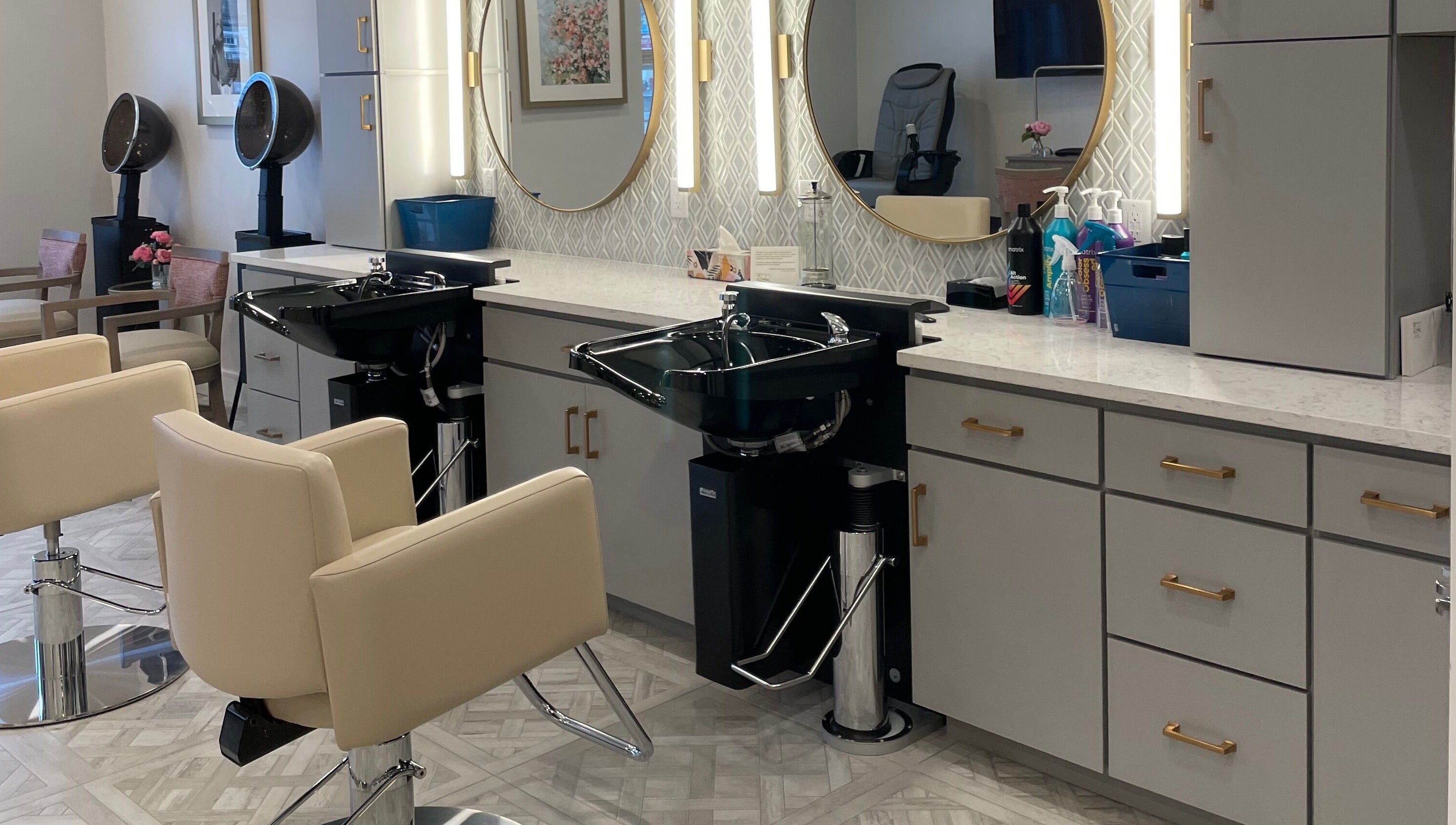 Sophisticated styling area at Cornerstone of Weymouth Salon in Weymouth, Massachusetts, US.