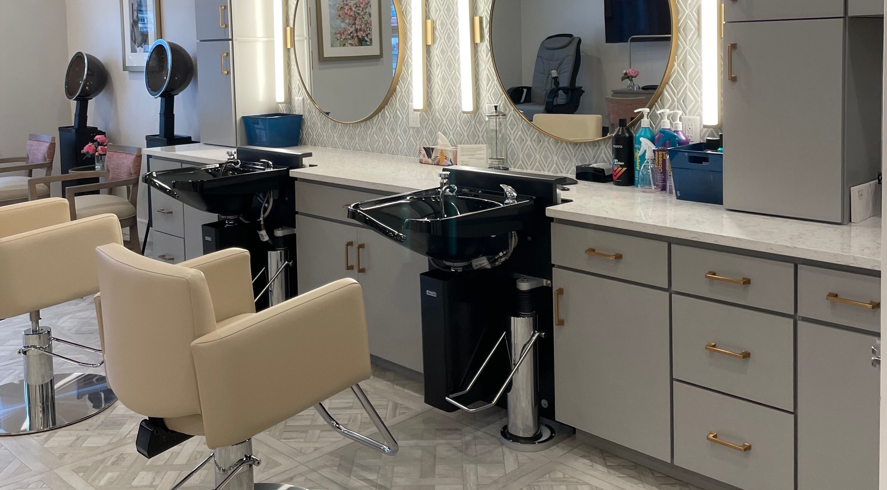 Sophisticated styling area at Cornerstone of Weymouth Salon in Weymouth, Massachusetts, US.