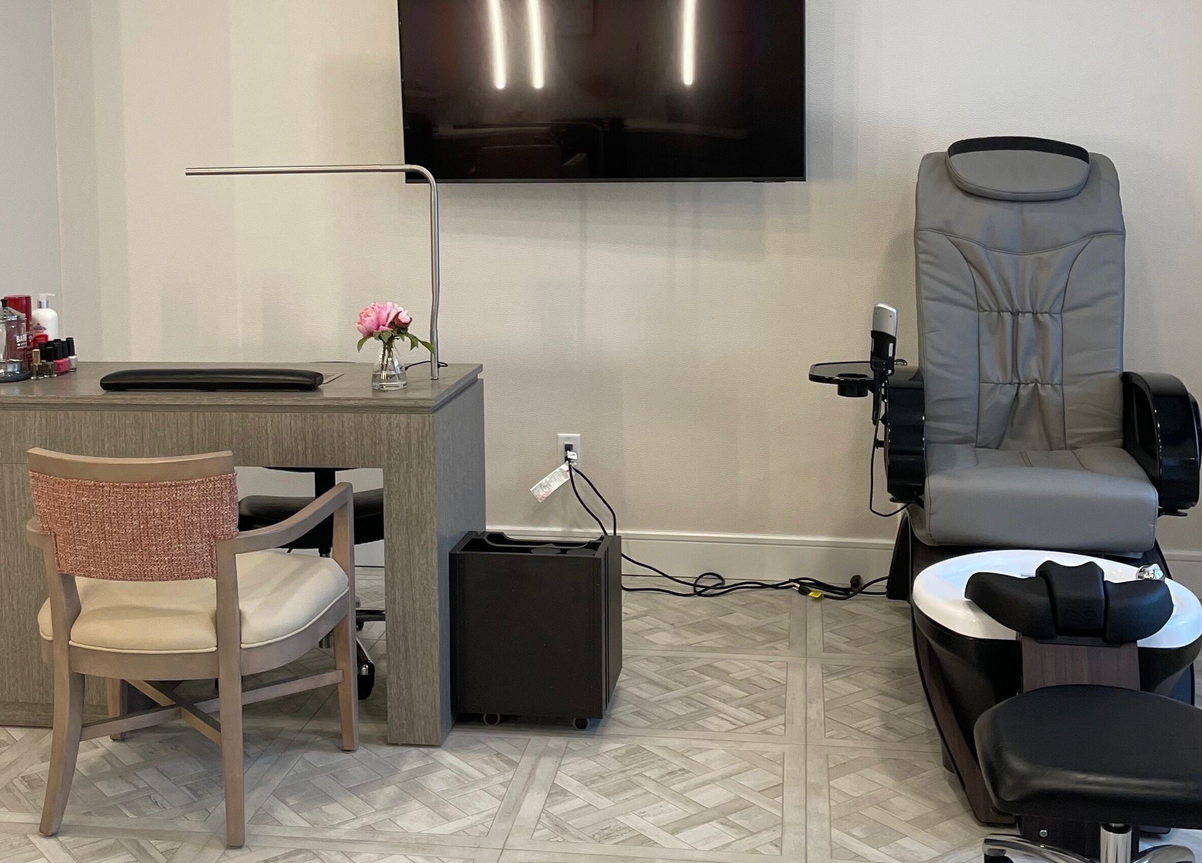 Pedicure and manicure station at Cornerstone of Weymouth Salon, Weymouth, Massachusetts, US.