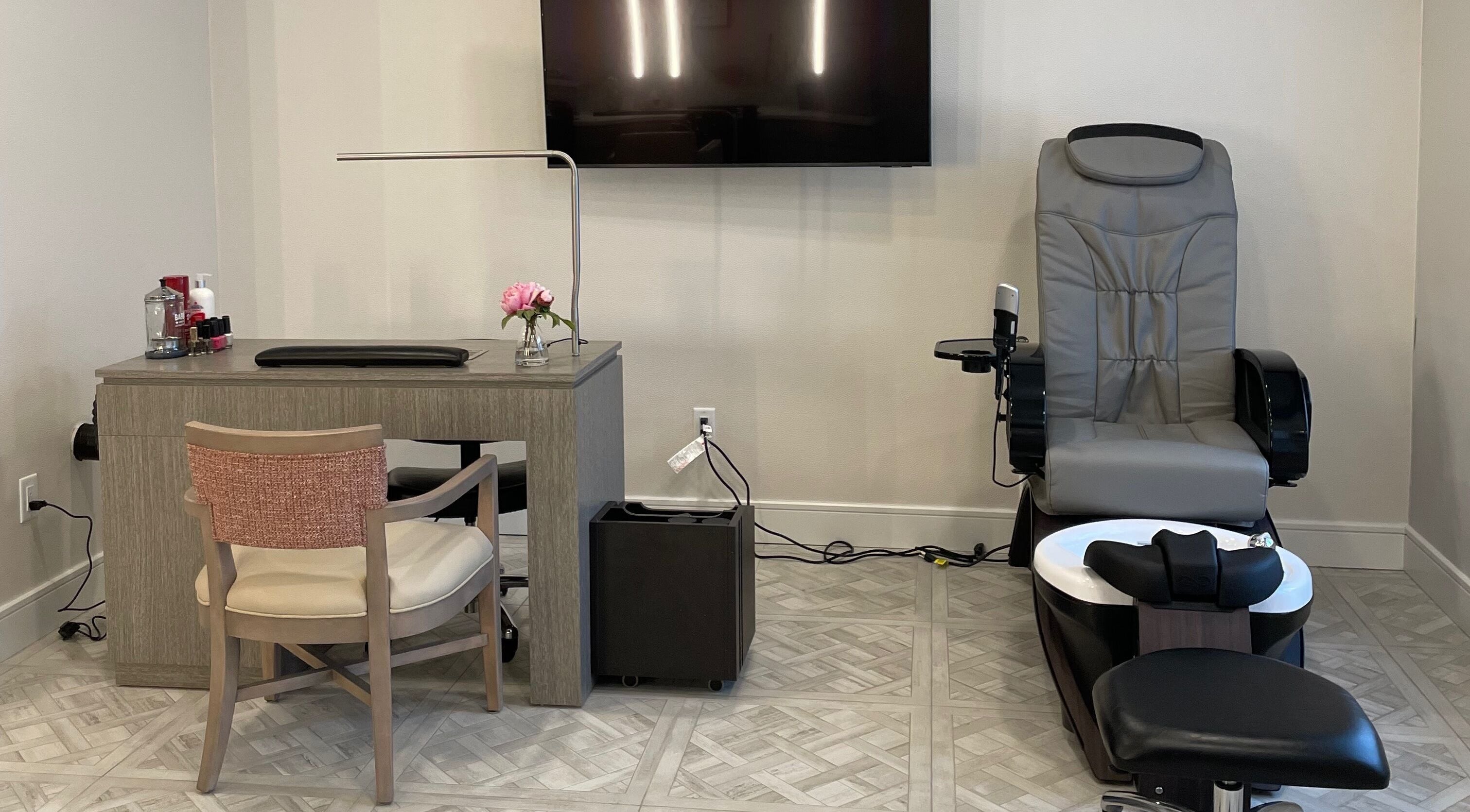 Pedicure and manicure station at Cornerstone of Weymouth Salon, Weymouth, Massachusetts, US.