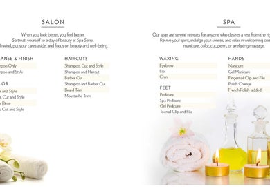 Service menu at Brightview Fallsgrove Salon in Rockville, Maryland, showcasing spa and salon offerings.