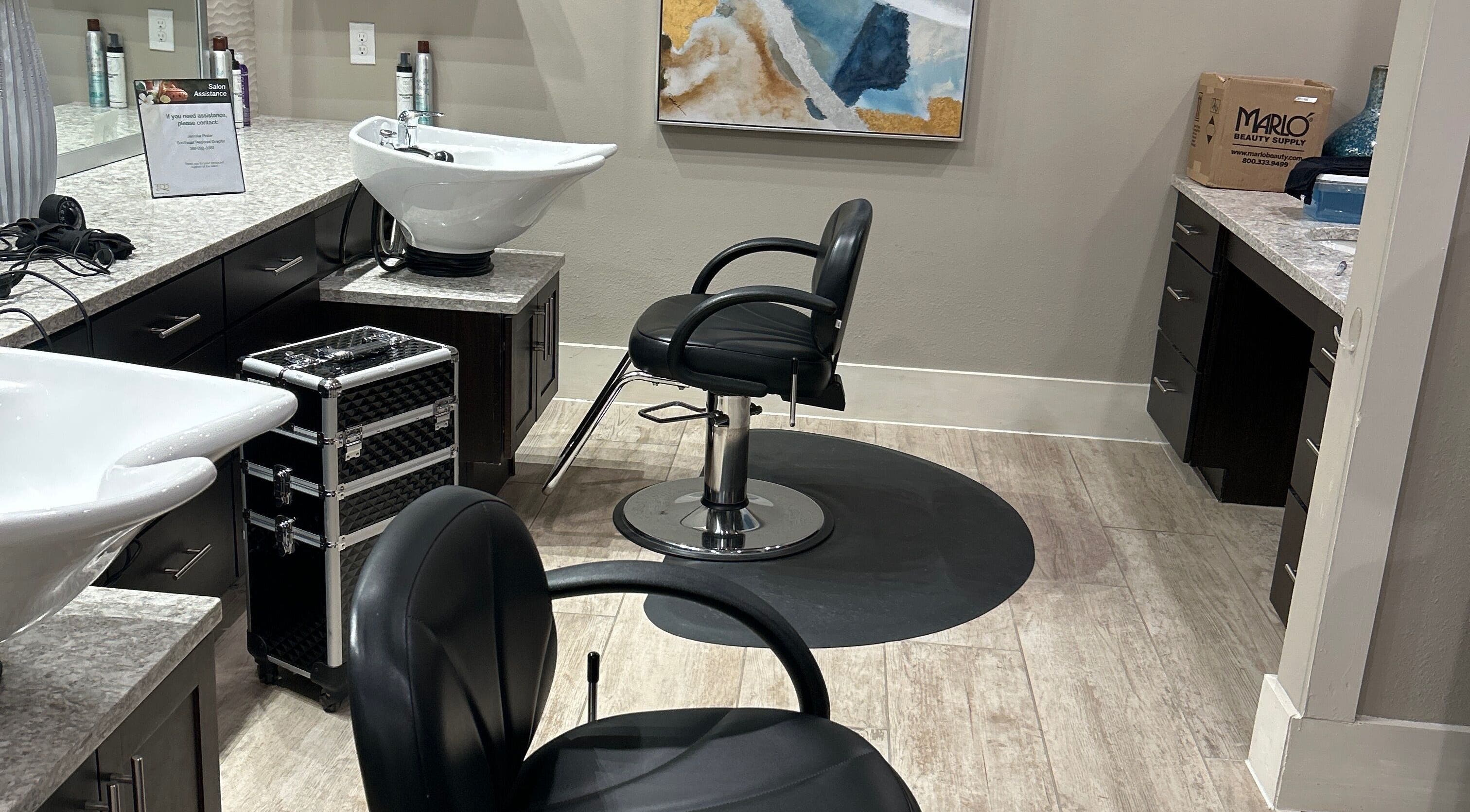 Sleek salon styling station at Firewheel Town Village Salon in Garland, Texas, US with chic modern design.