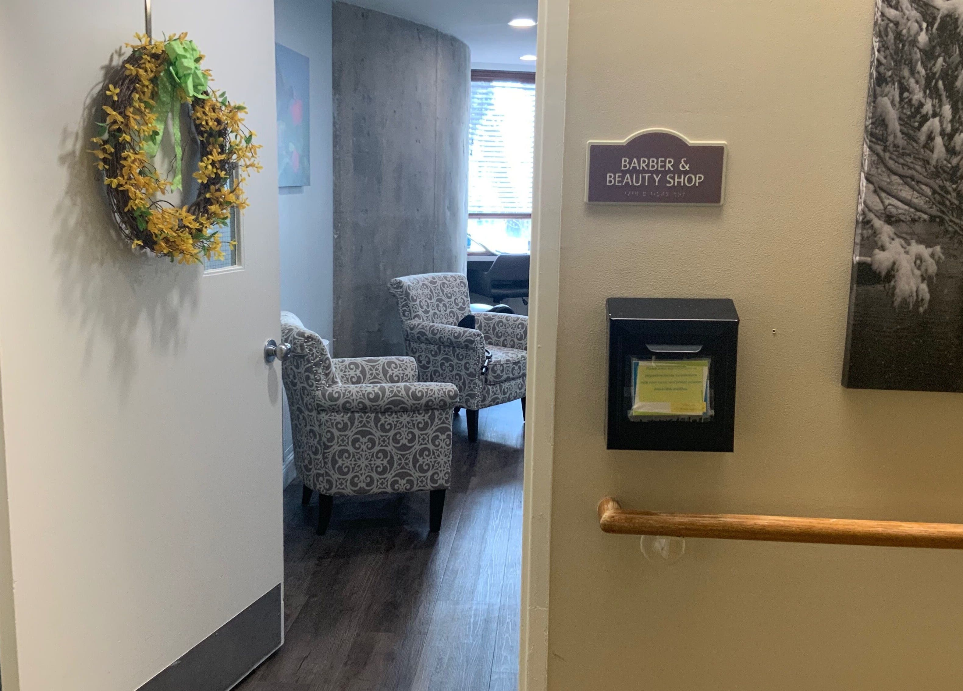 Entrance to McLean Salon (HCC) with elegant chairs, Simsbury, Connecticut, US.