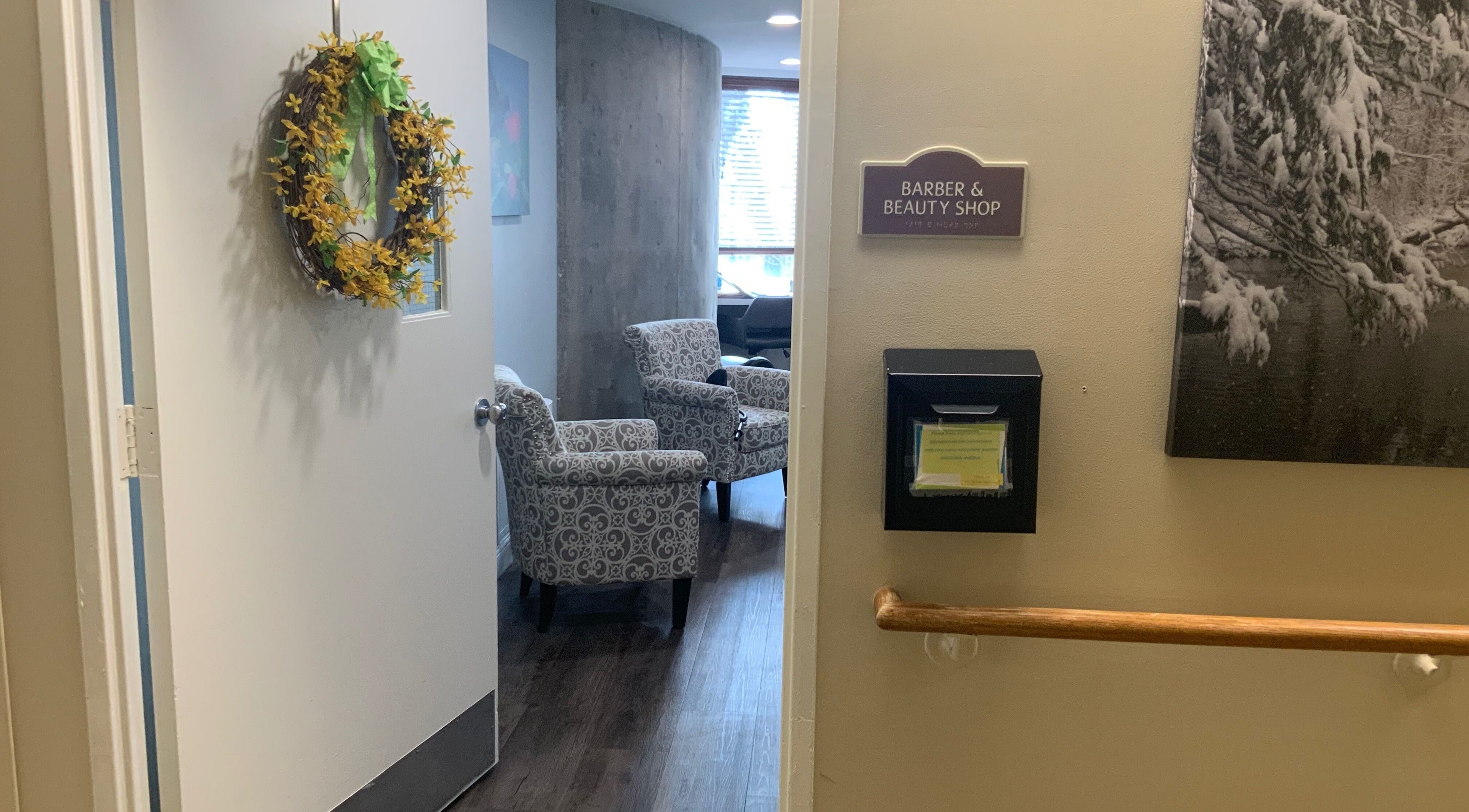 Entrance to McLean Salon (HCC) with elegant chairs, Simsbury, Connecticut, US.