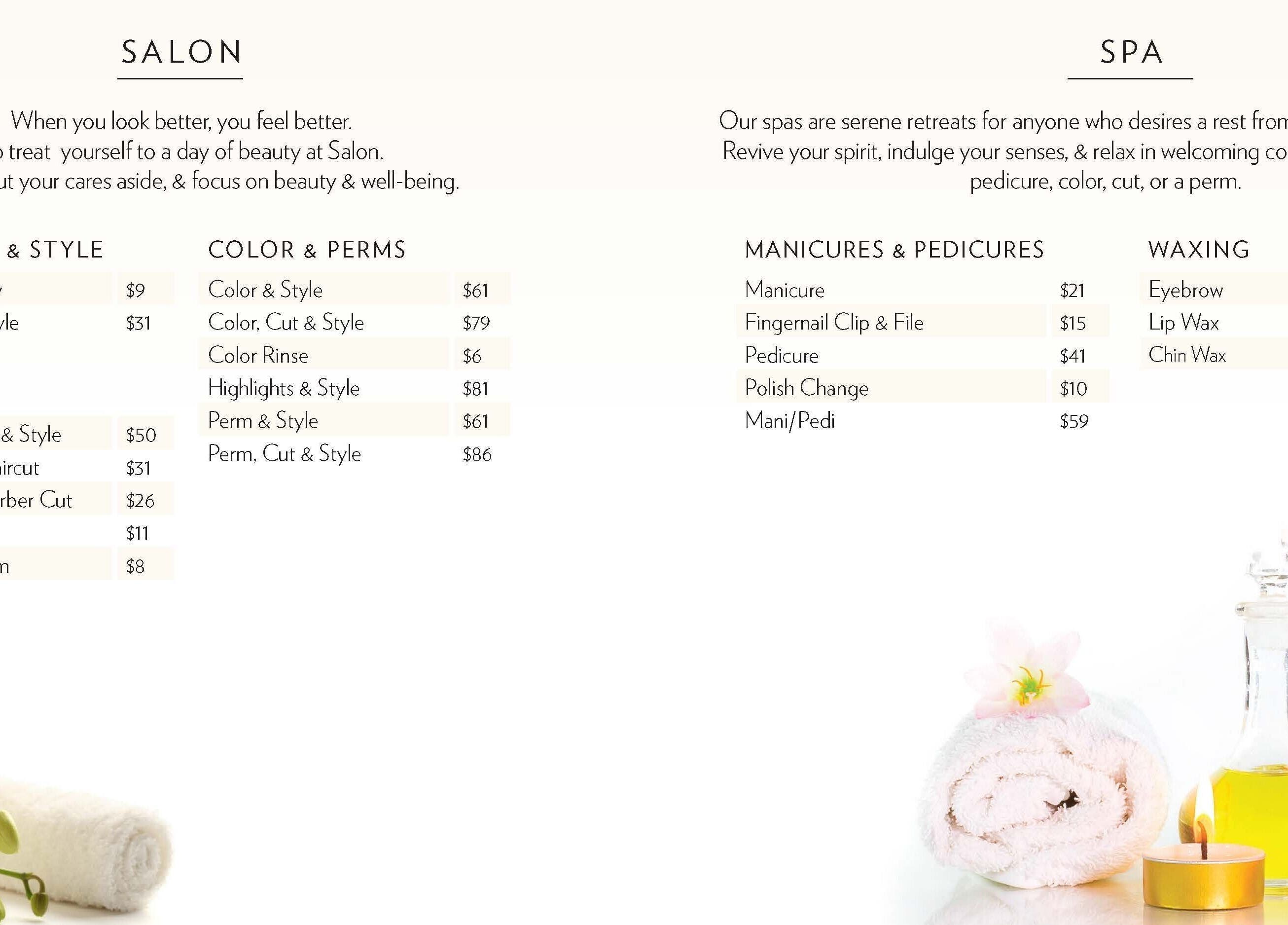 Salon and spa services menu at McLean Salon (HCC) in Simsbury, Connecticut, US, showcasing treatments and prices.