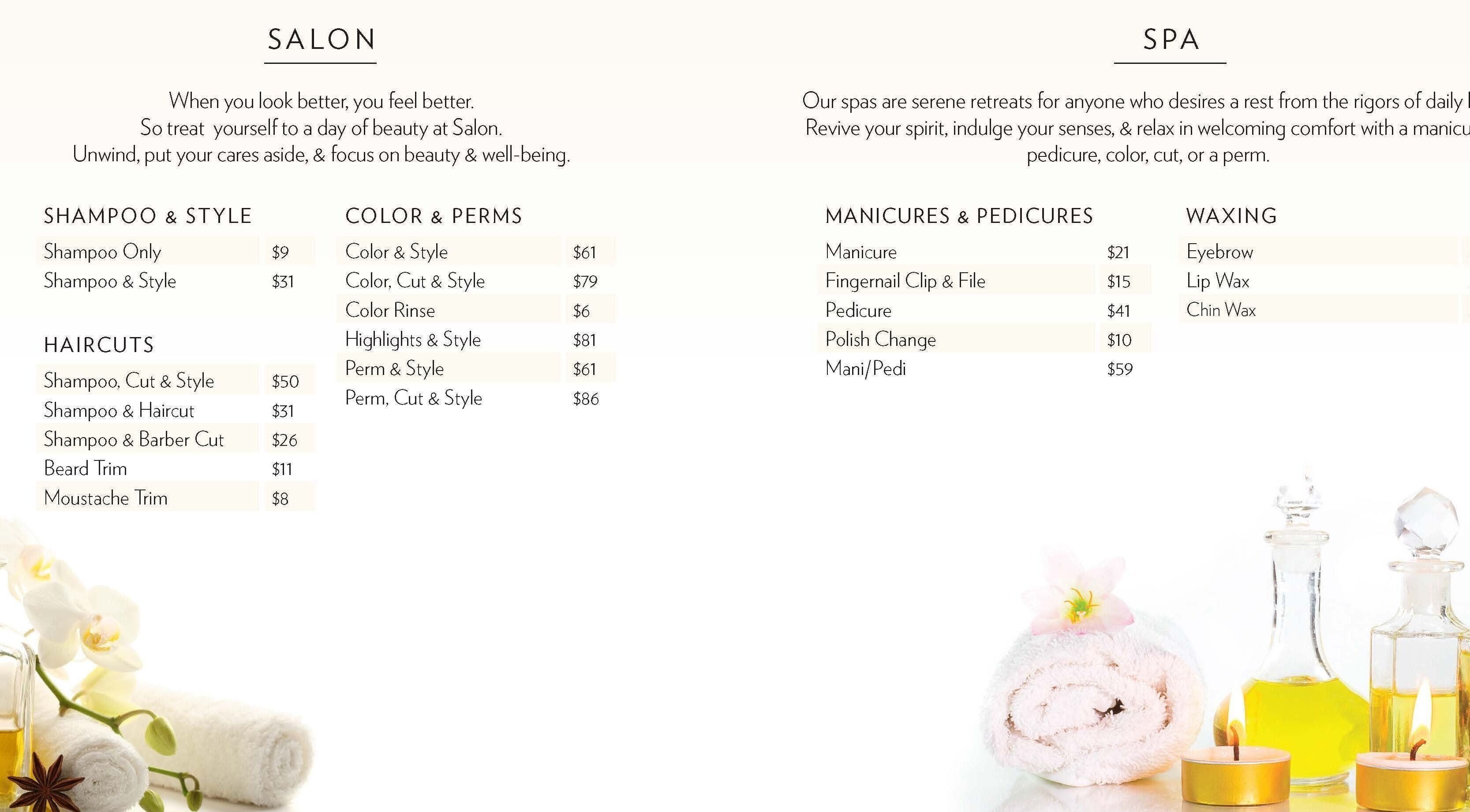 Salon and spa services menu at McLean Salon (HCC) in Simsbury, Connecticut, US, showcasing treatments and prices.