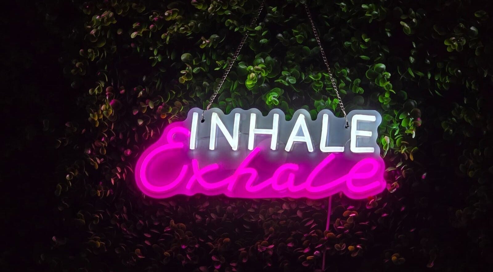 Neon sign reading 'Inhale Exhale' set against lush foliage at STUDIO Milnerton in Cape Town, Western Cape, ZA.
