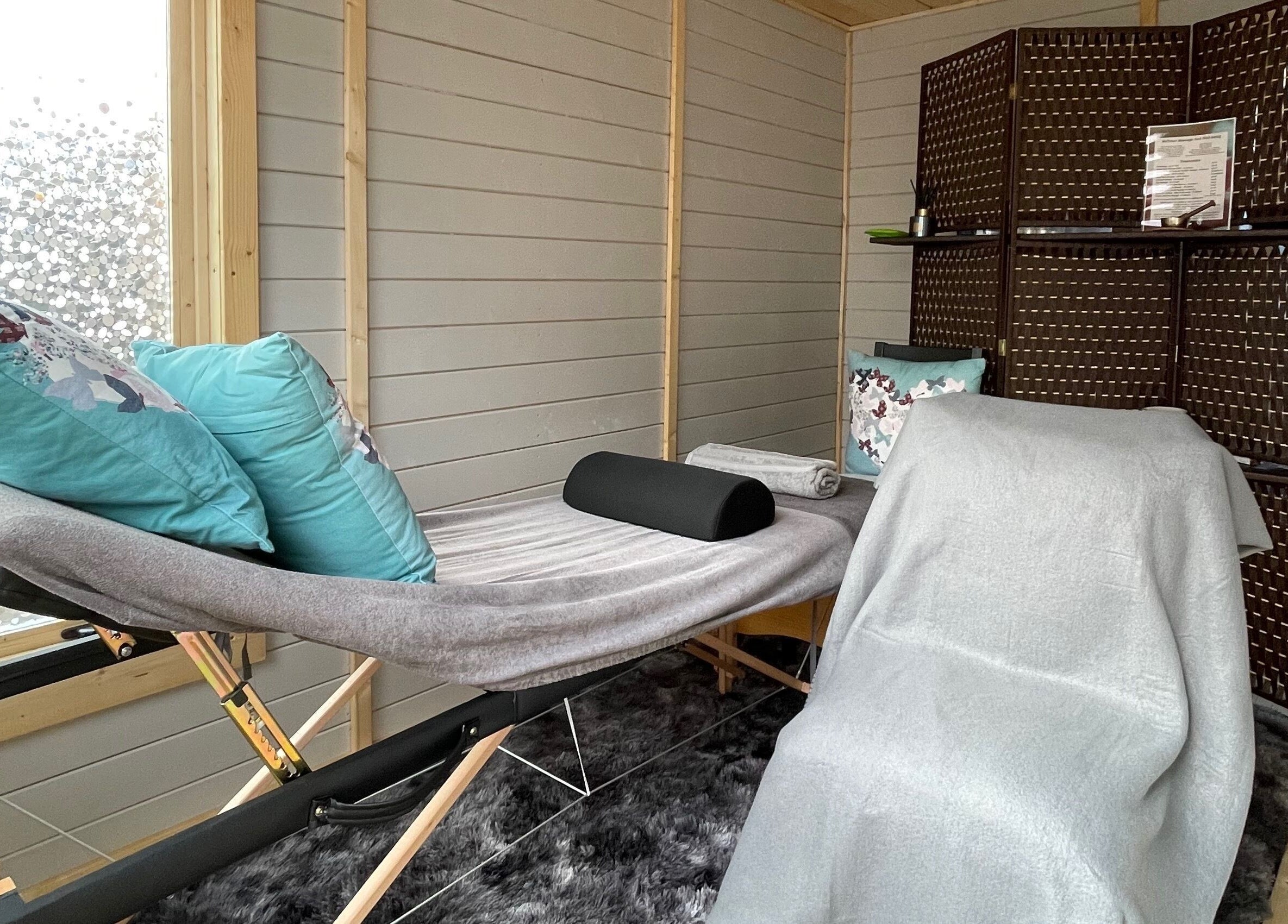 Massage room at ‘Me Time!’ Massage and Well-being @ Cherokee Road, Weston-super-Mare, England, GB. Inviting and tranquil.