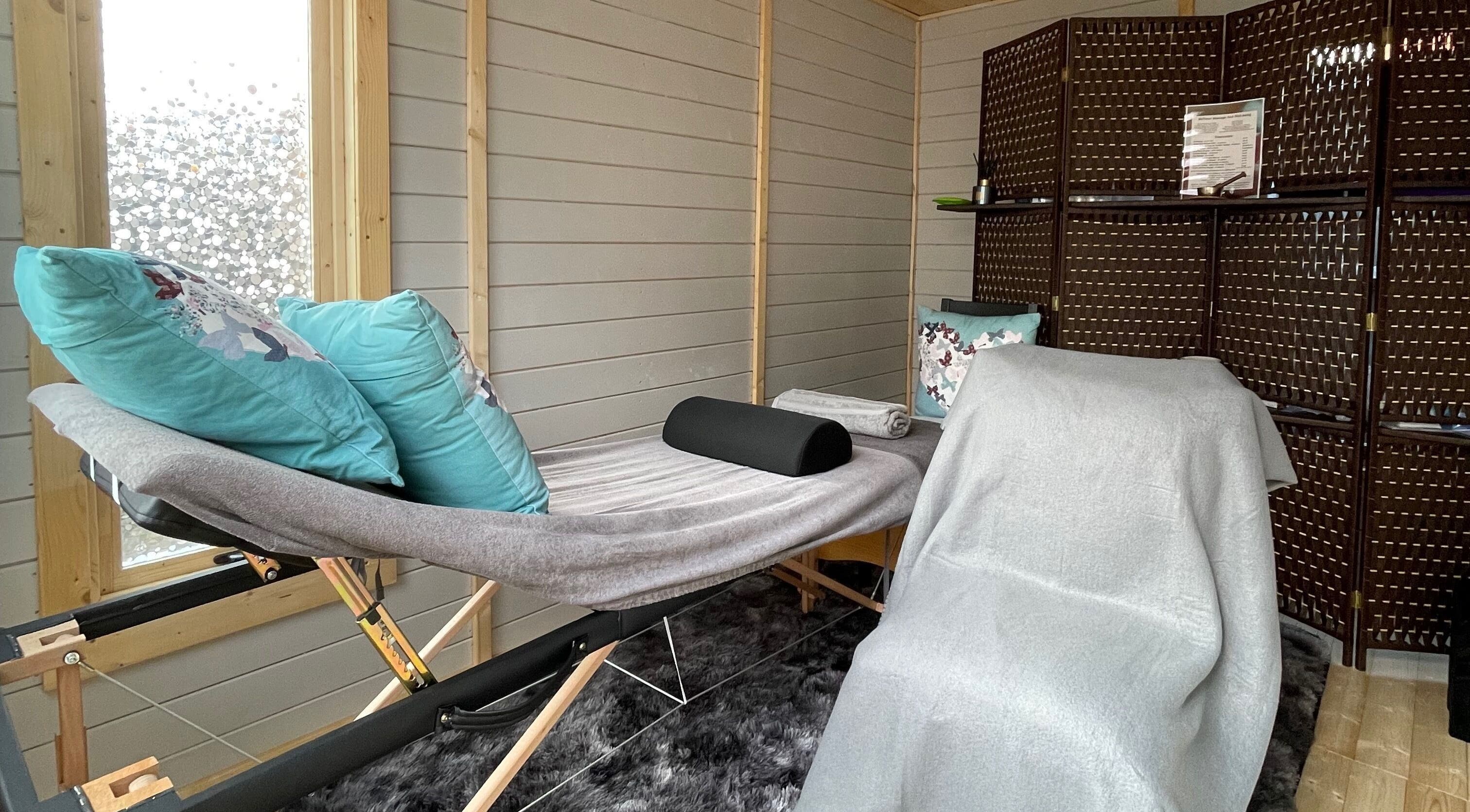 Massage room at ‘Me Time!’ Massage and Well-being @ Cherokee Road, Weston-super-Mare, England, GB. Inviting and tranquil.