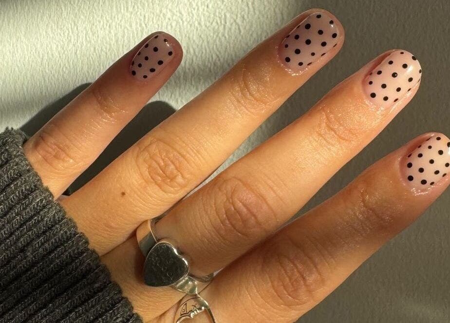 Stylish polka dot nail art at Nimmos Nails and Beauty in Whitburn, Scotland, GB.