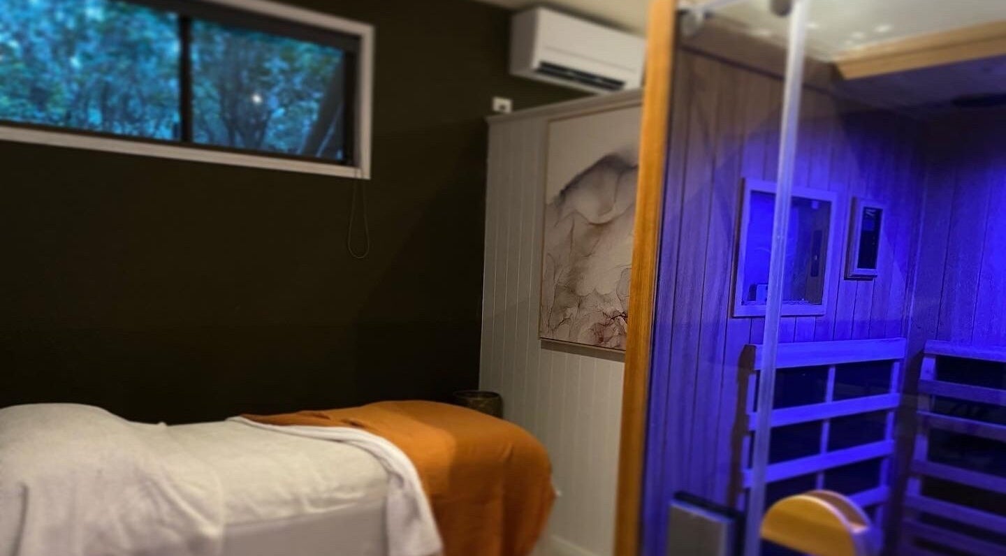 A tranquil massage and sauna room at Amaroo Wellness, Landers Shoot, Queensland, AU.