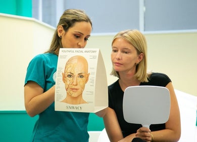 Consultation at JK Aesthetics London, England with facial anatomy chart.
