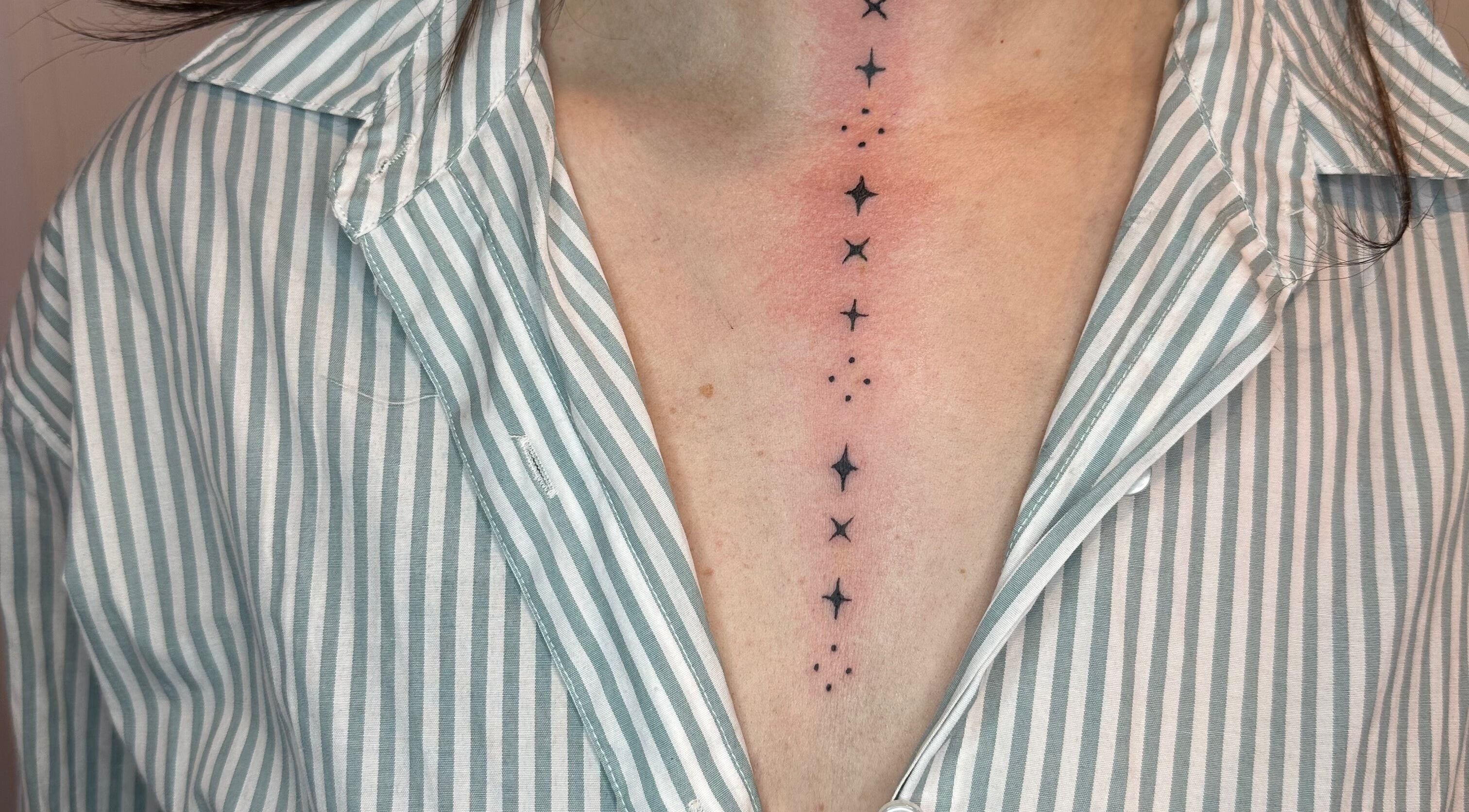 Intricate chest tattoo of stars and dots at Made&Marked by AmyLouise, Whangarei, Northland, NZ.