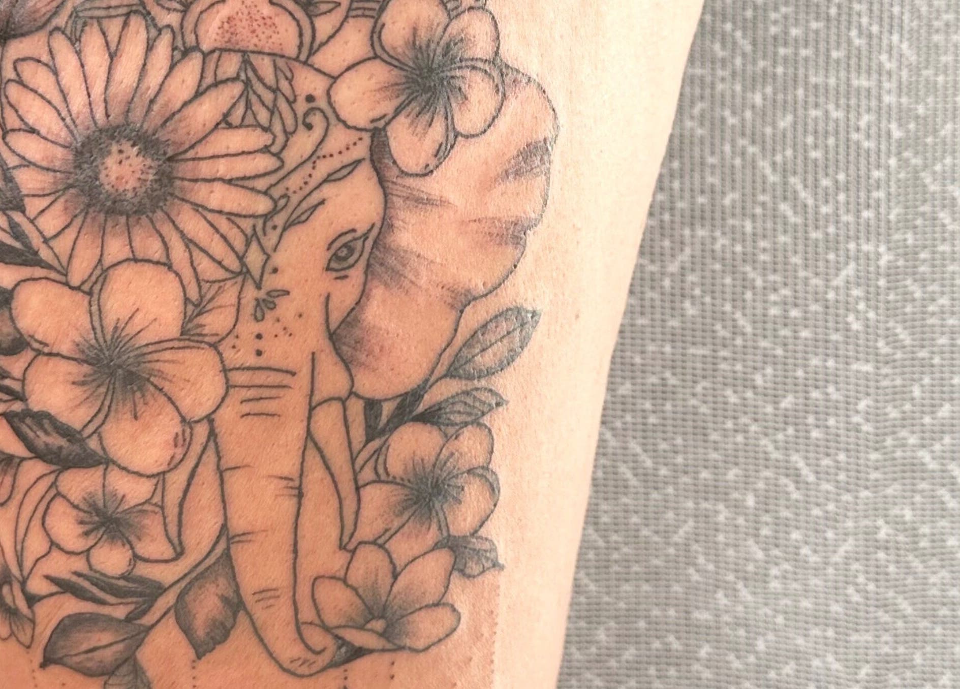 Ornate floral and elephant tattoo at Made&Marked by AmyLouise, Whangarei, Northland, NZ.