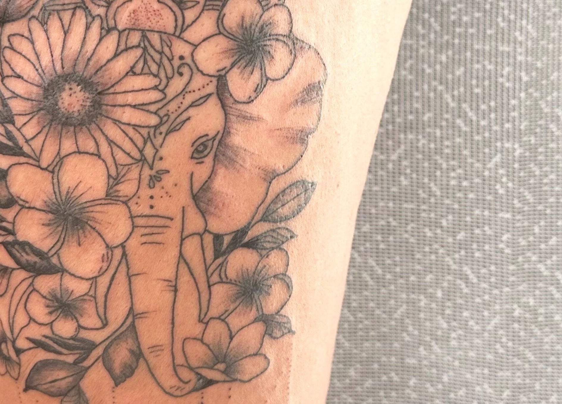 Ornate floral and elephant tattoo at Made&Marked by AmyLouise, Whangarei, Northland, NZ.