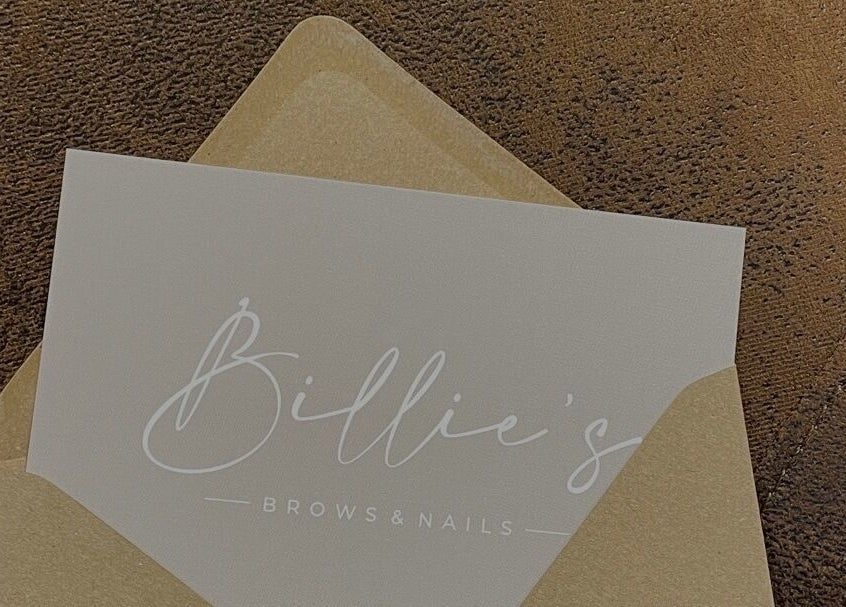Elegant invite for Billie’s Brows and Nails in Hastings, England, GB on a textured surface.