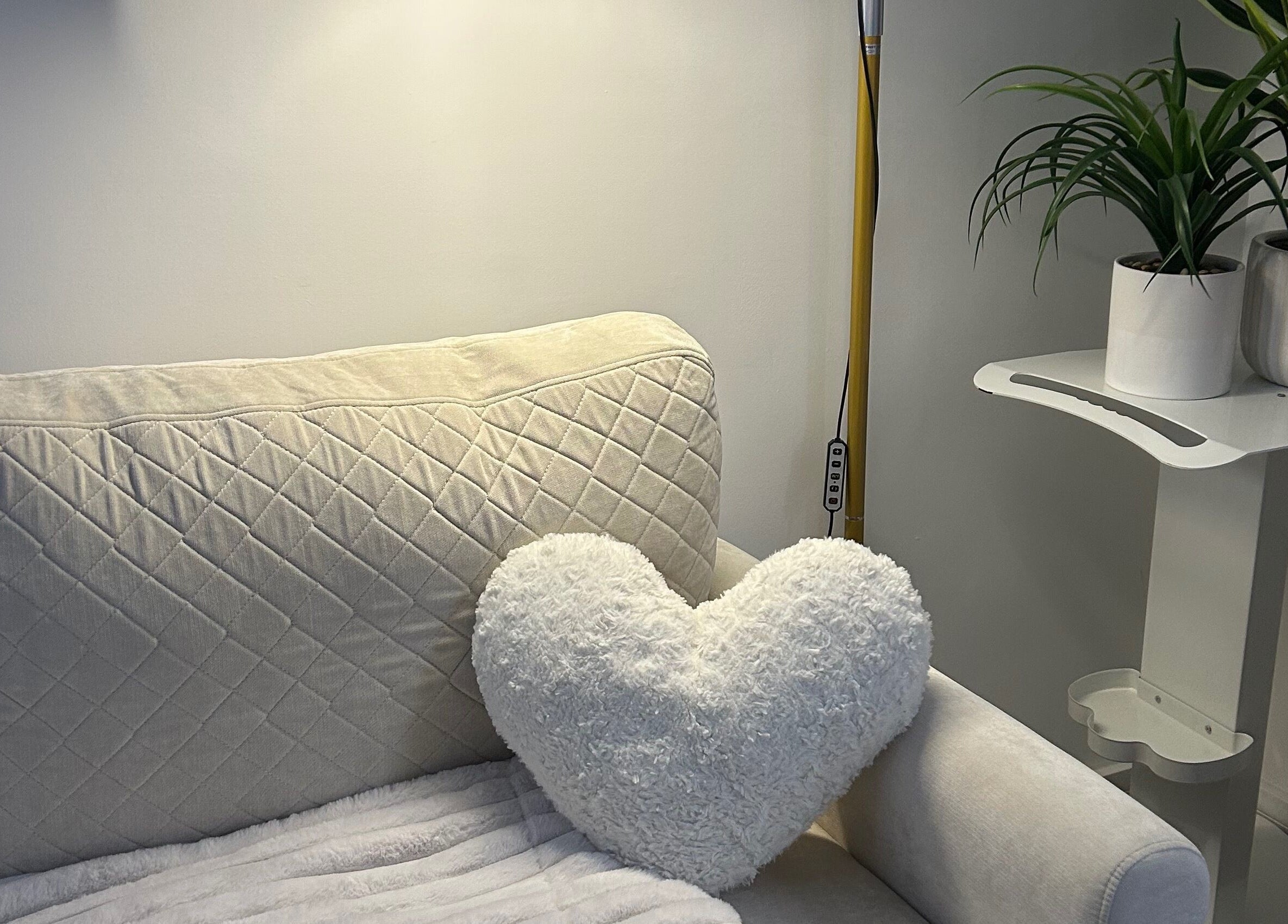 Chic sofa with heart pillow at Laura Dix Mentoring, Ebbw Vale, Wales, GB. Modern decor with plants.