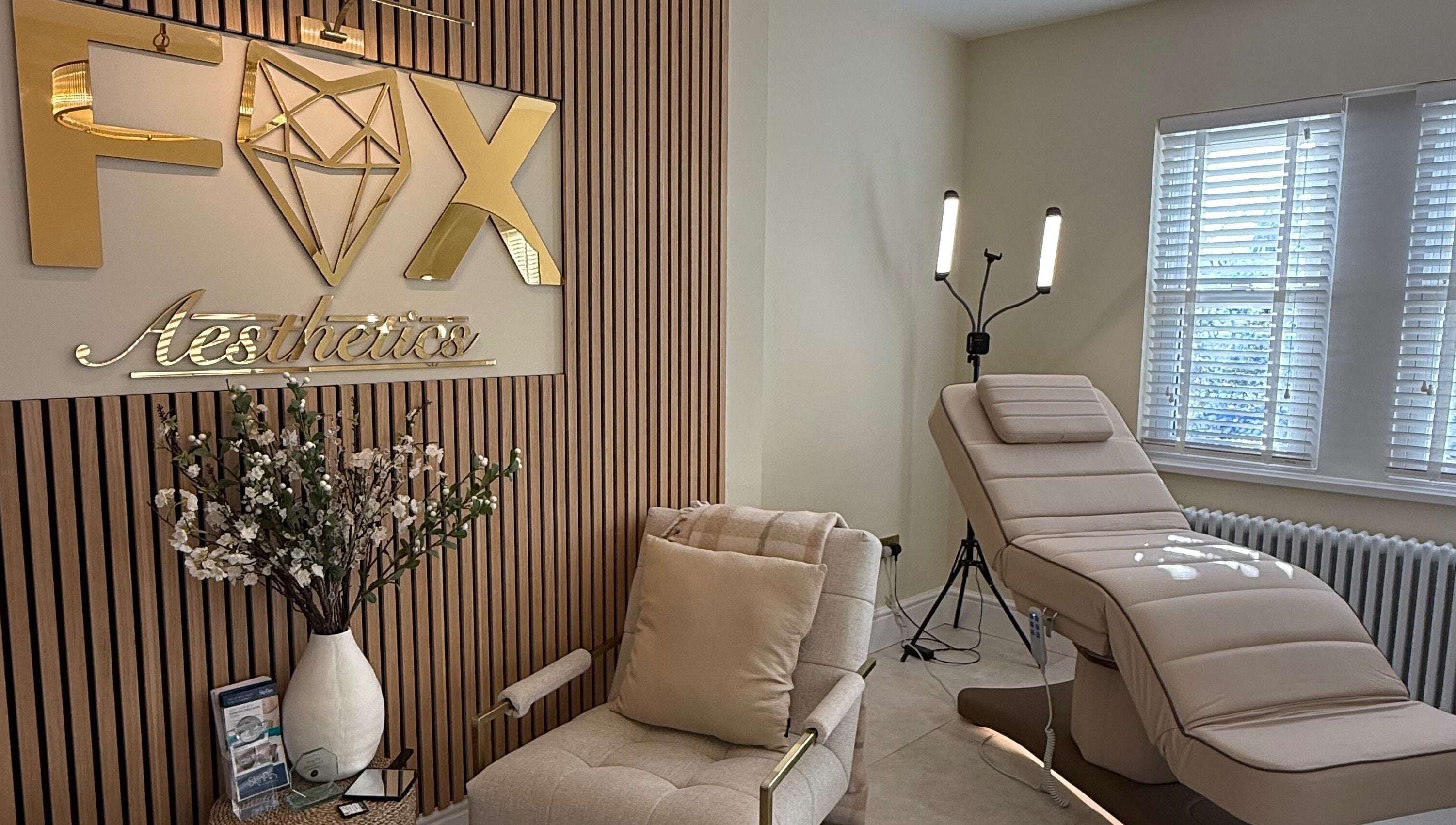 Elegant treatment room at Fox Aesthetics, Bridgend, Wales, GB offers relaxing spa services.