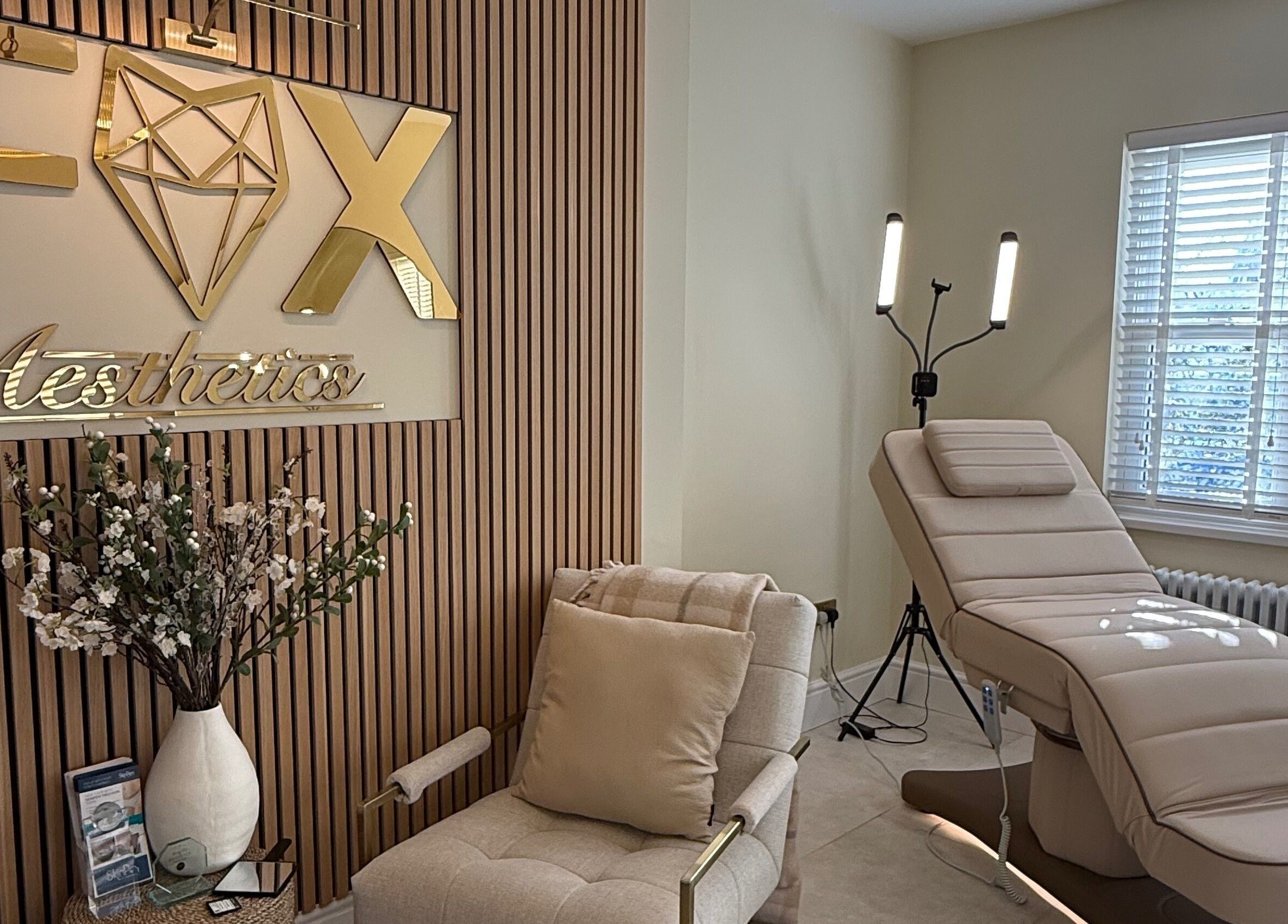 Elegant treatment room at Fox Aesthetics, Bridgend, Wales, GB offers relaxing spa services.