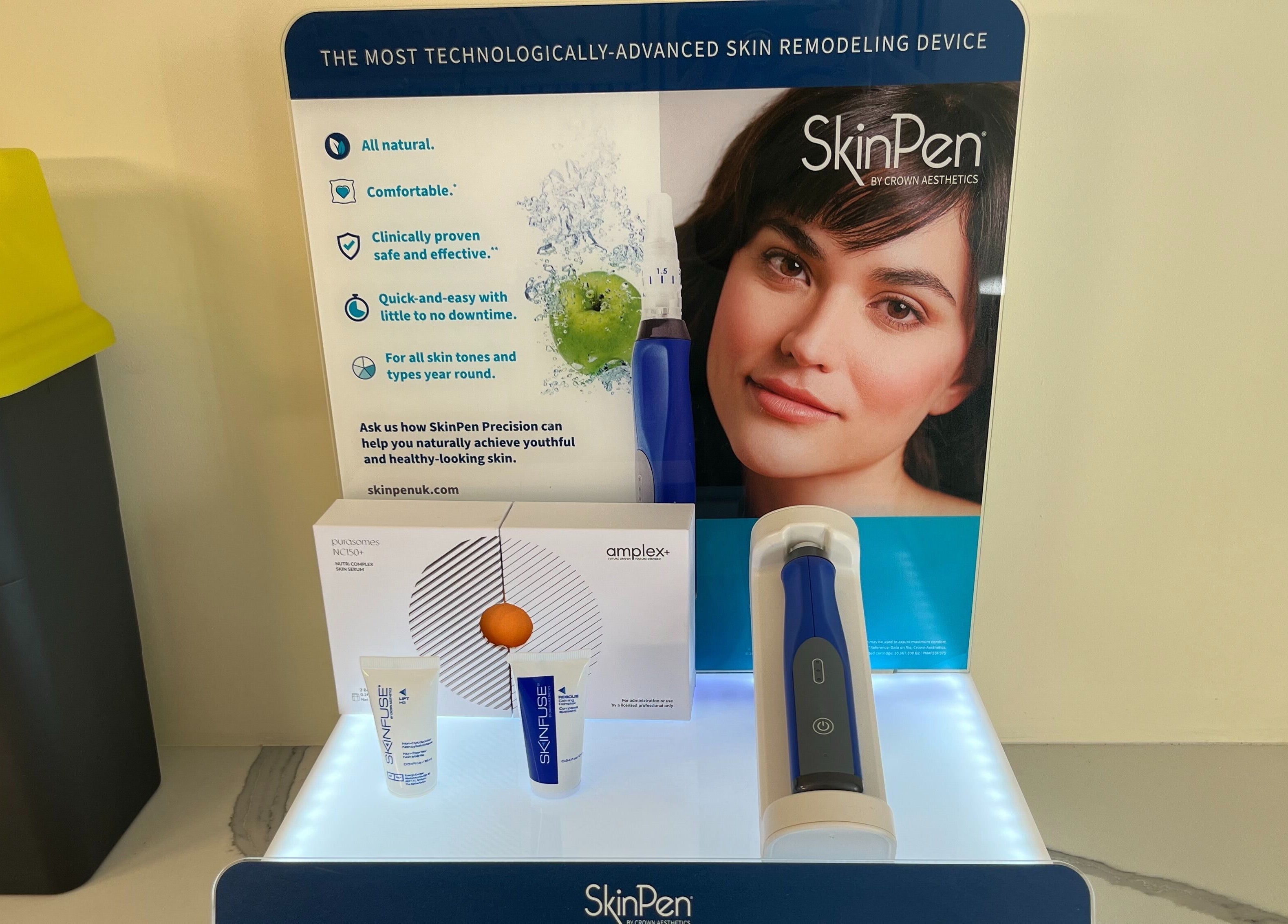 SkinPen display promoting advanced skincare at Fox Aesthetics, Bridgend, Wales, GB.