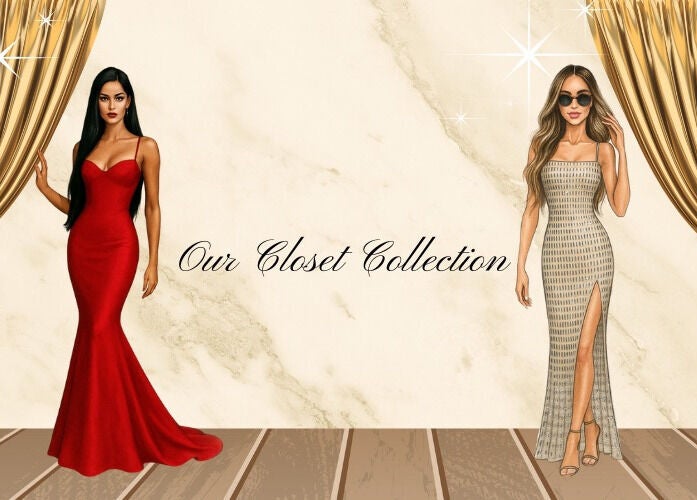 Two elegant women in evening gowns at Glow Studio, Sandton, Gauteng, ZA with golden curtains and wooden floor.