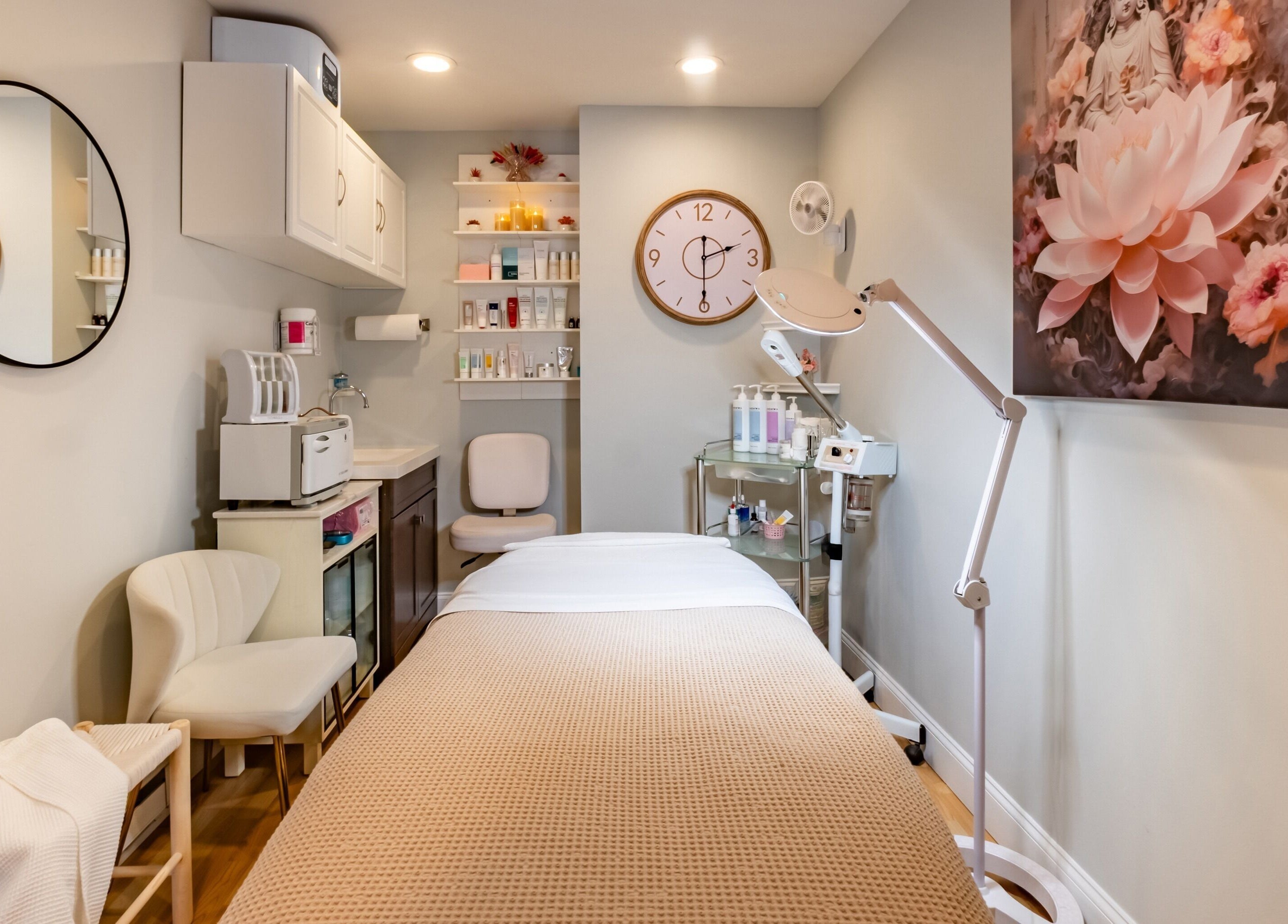 Cozy facial room at Pink Glow Facial Room in Manasquan, New Jersey, US, with soothing decor and treatment table.