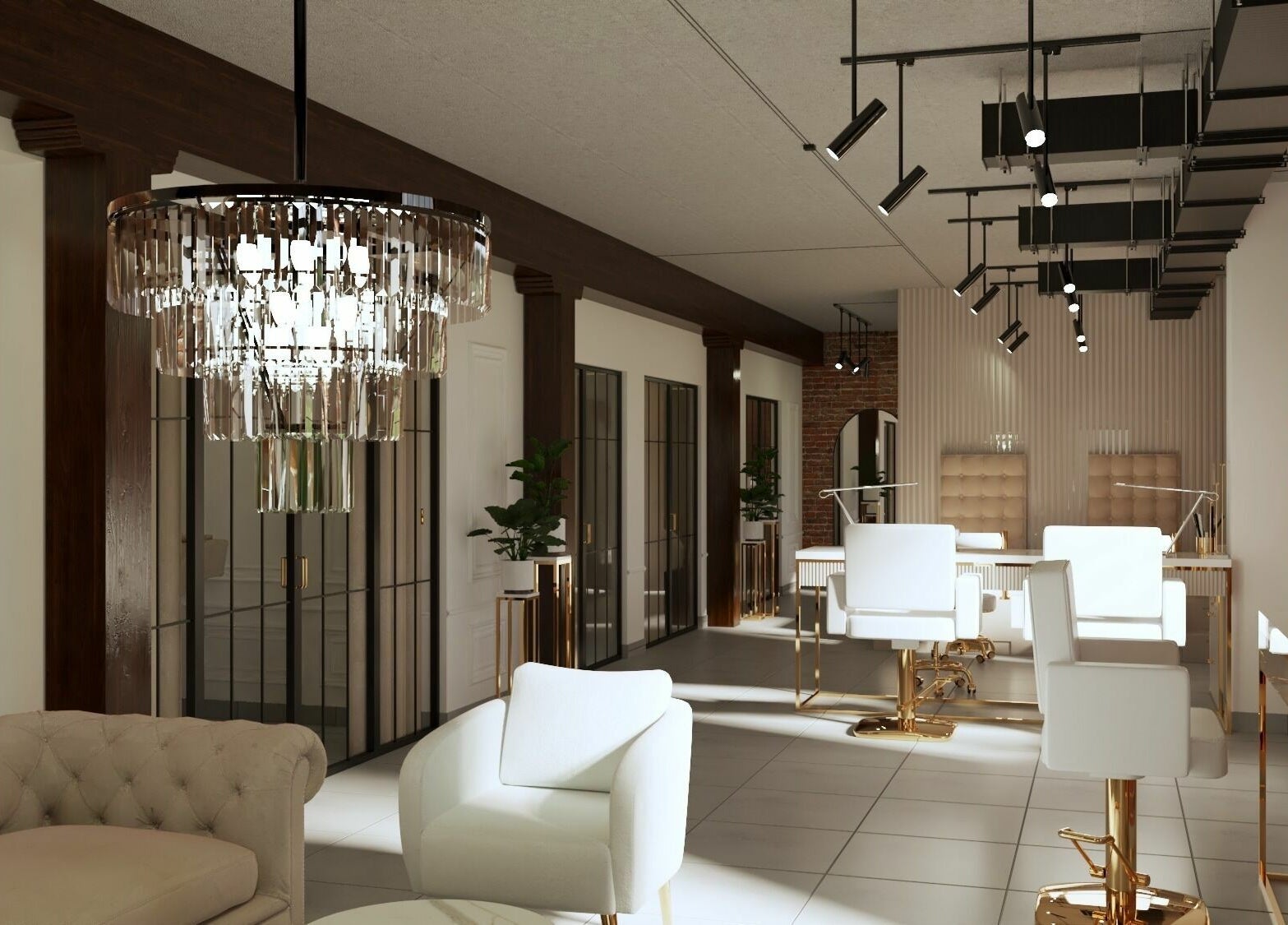 Wnętrze Besties Nowosolna, Łódź, Łódzkie, PL, z eleganckim żyrandolem i salonowymi fotelami.